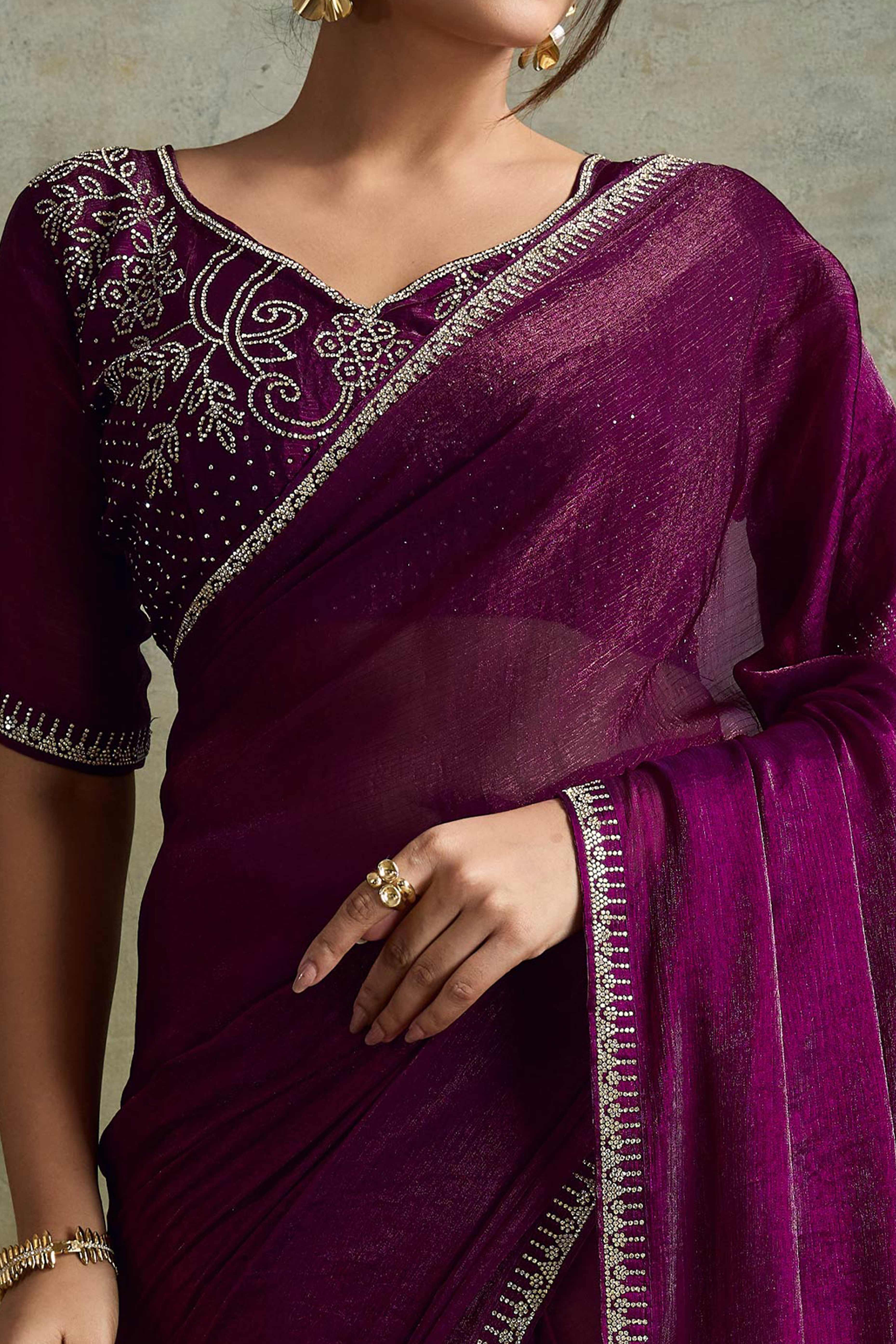 Wine Solid Chiffon Saree With Sparkling Zarkan Border & Latkan Pallu