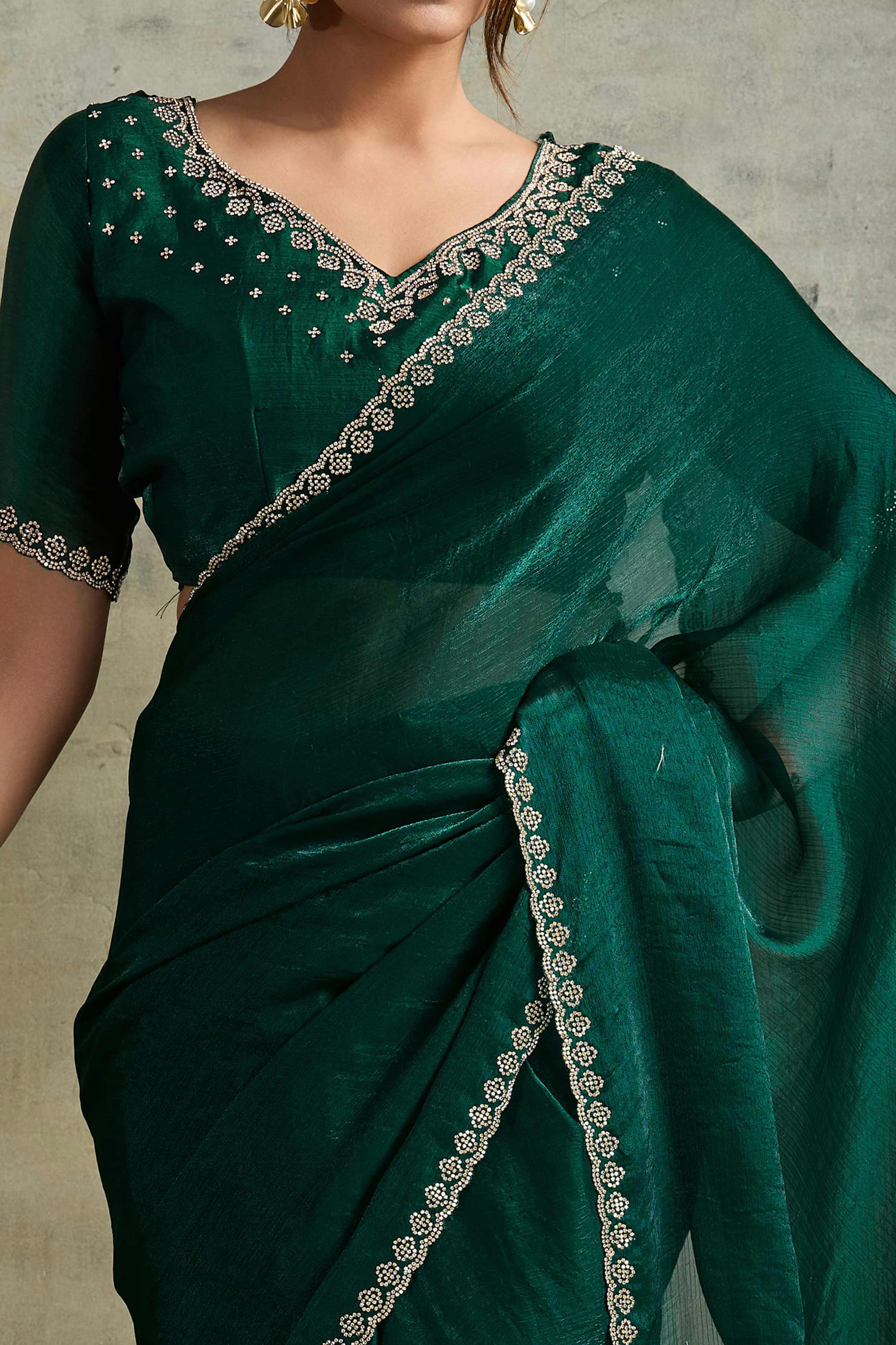 Green Solid Chiffon Saree With Sparkling Zarkan Border & Latkan Pallu