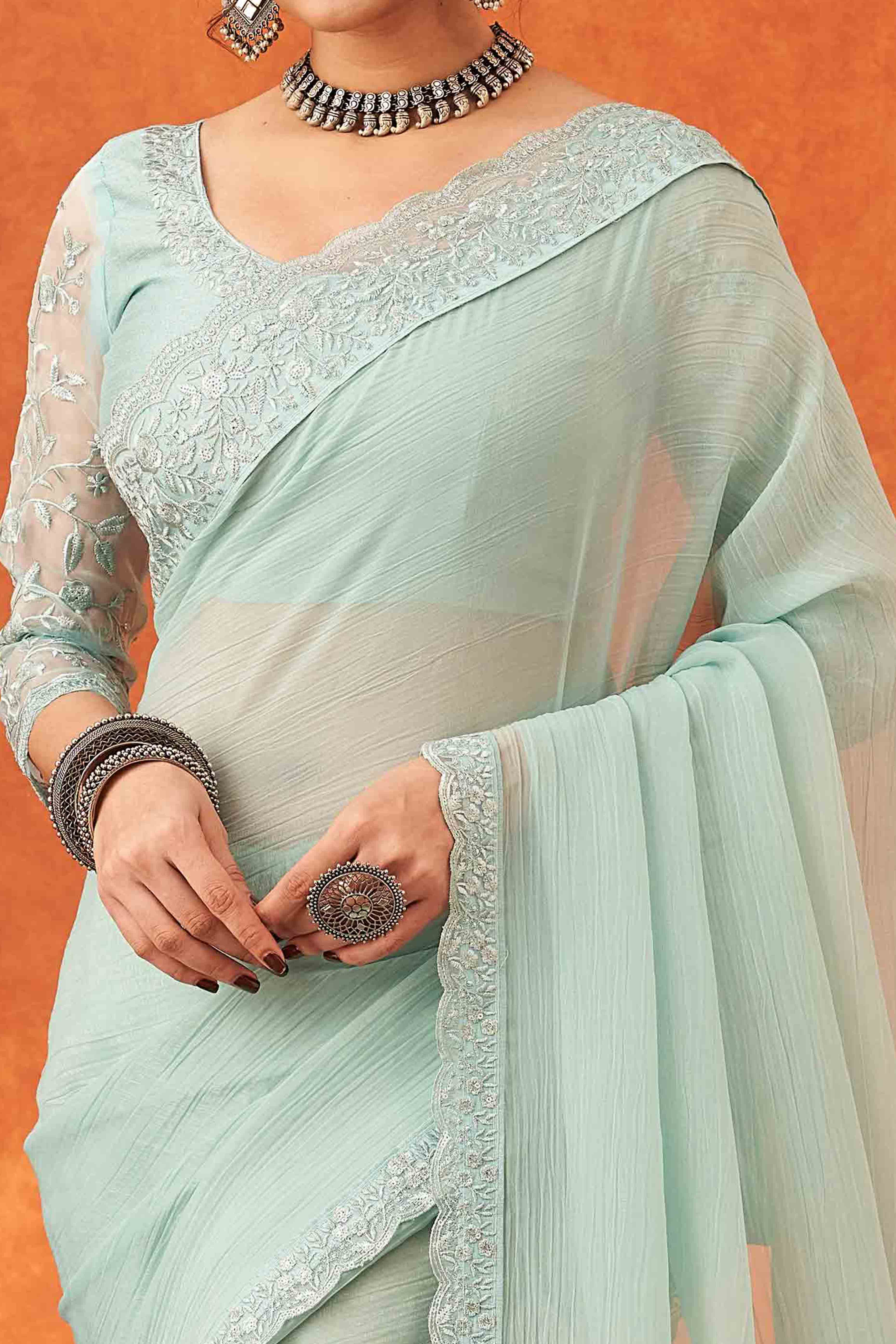 Mint Green Embroidered Crunchy Soft Net Saree With Embellished Border