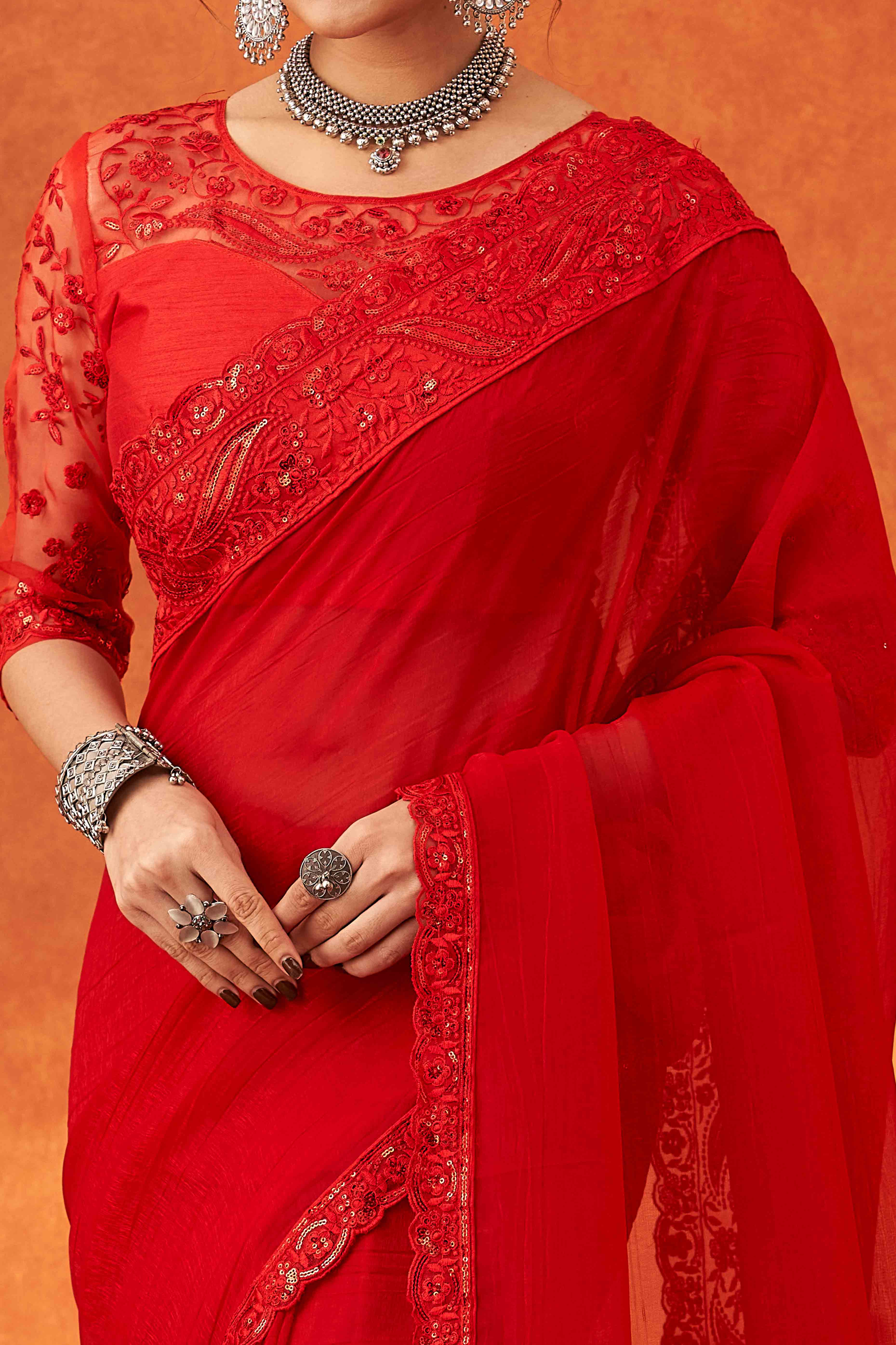 Red Embroidered Crunchy Soft Net Saree With Embellished Border