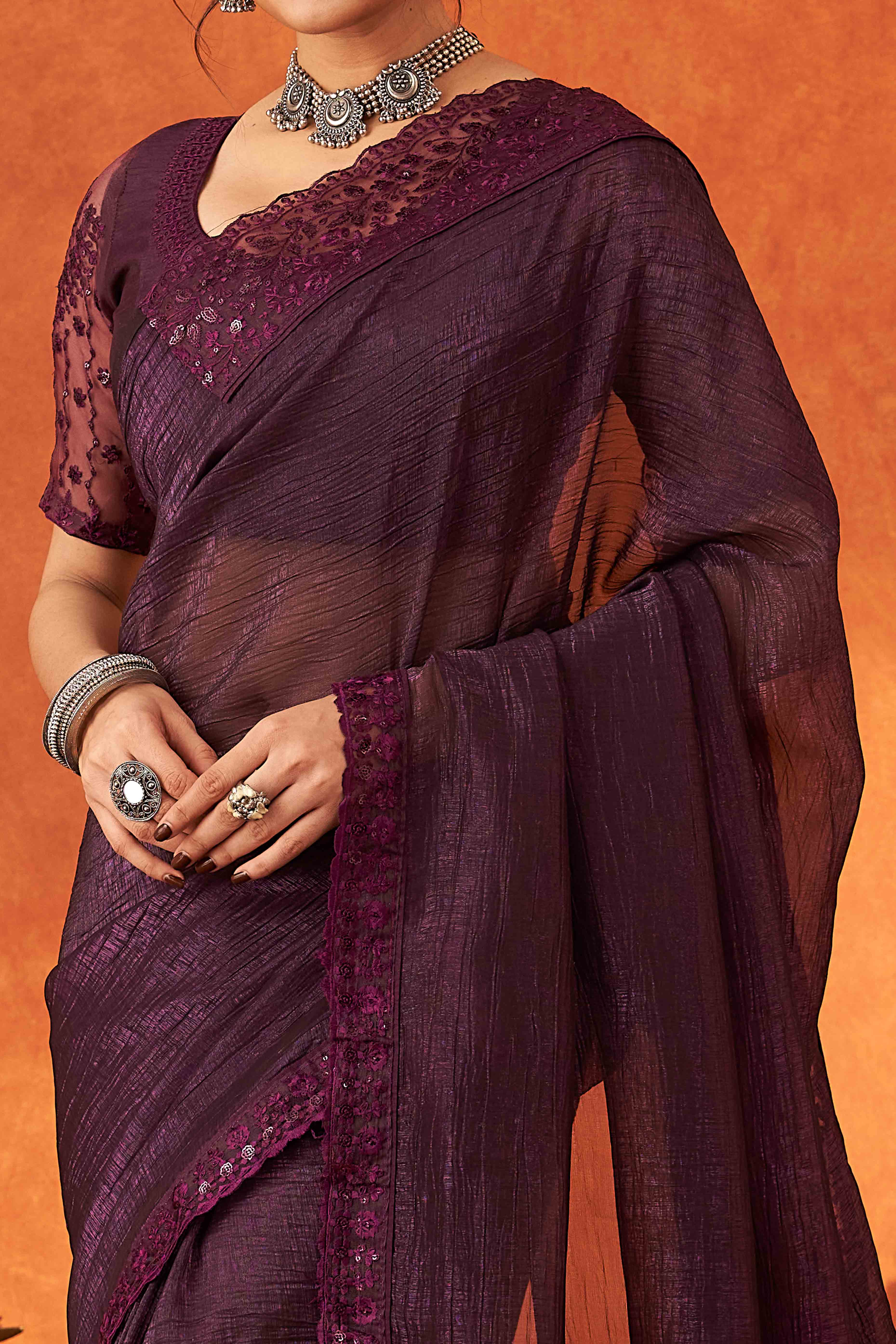 Wine Embroidered Crunchy Soft Net Saree With Embellished Border