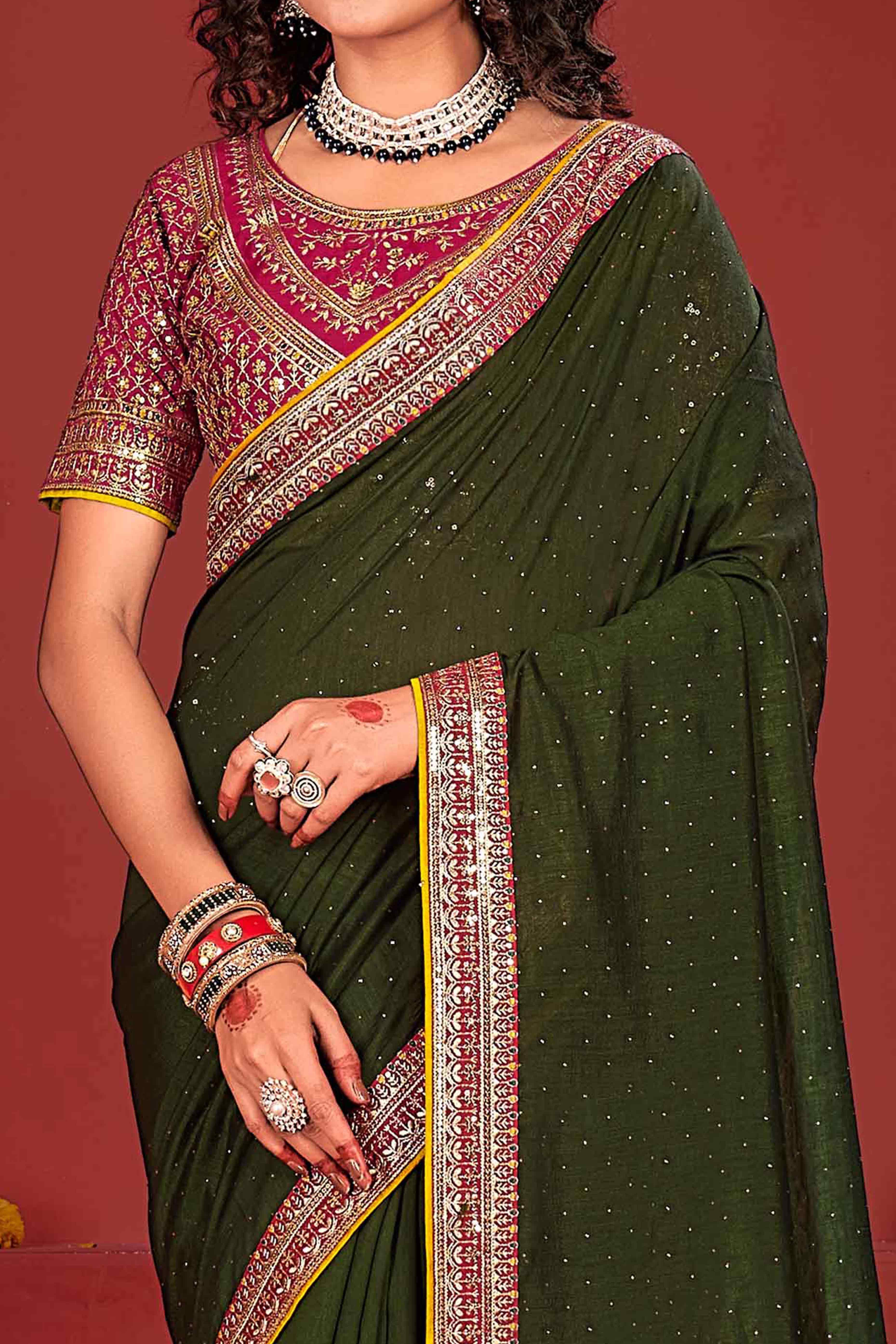 Mehandi Green Swarovski Work Embroidered Vichitra Silk Saree