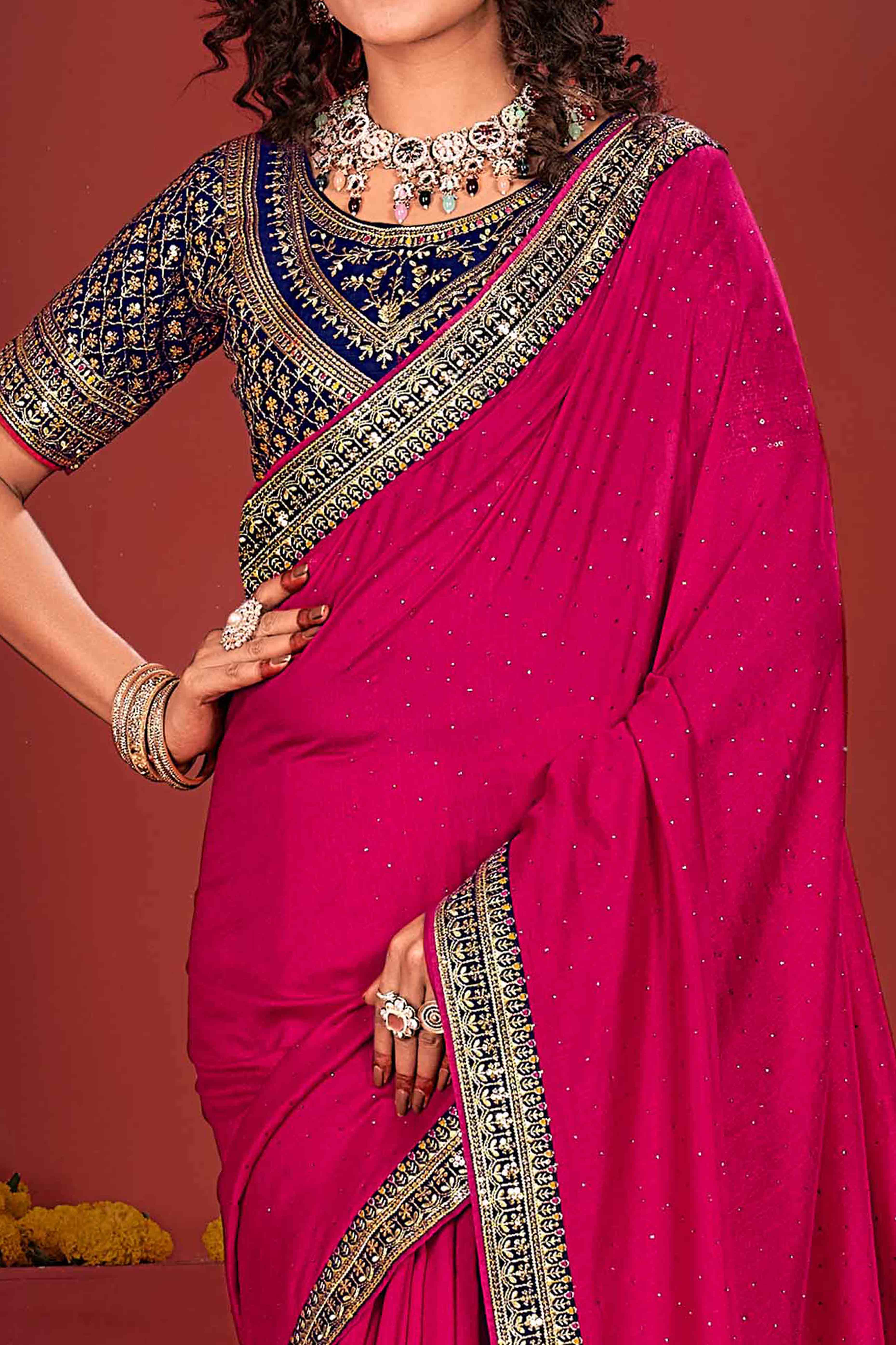 Rani Pink Swarovski Work Embroidered Vichitra Silk Saree