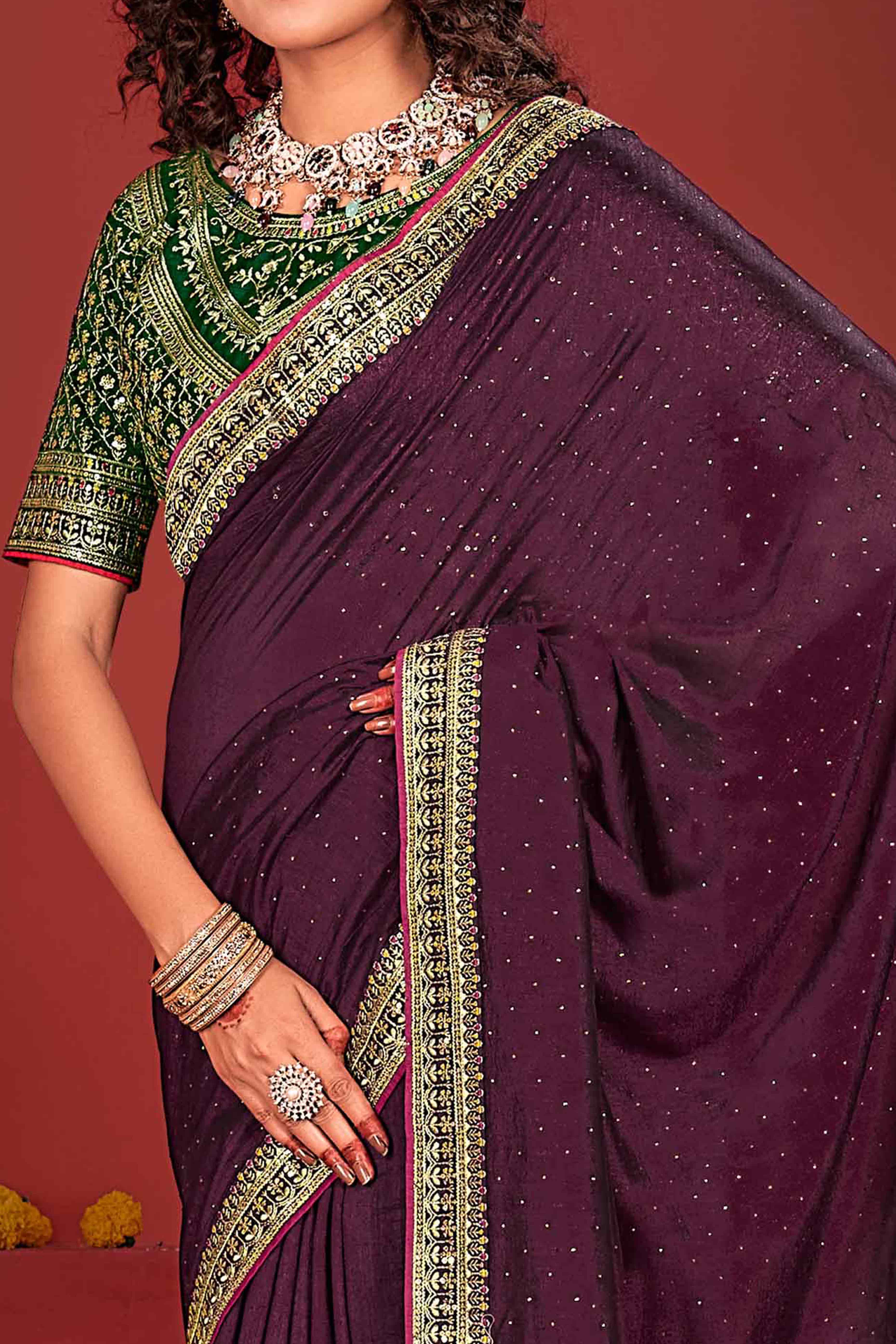 Wine Swarovski Work Embroidered Vichitra Silk Saree