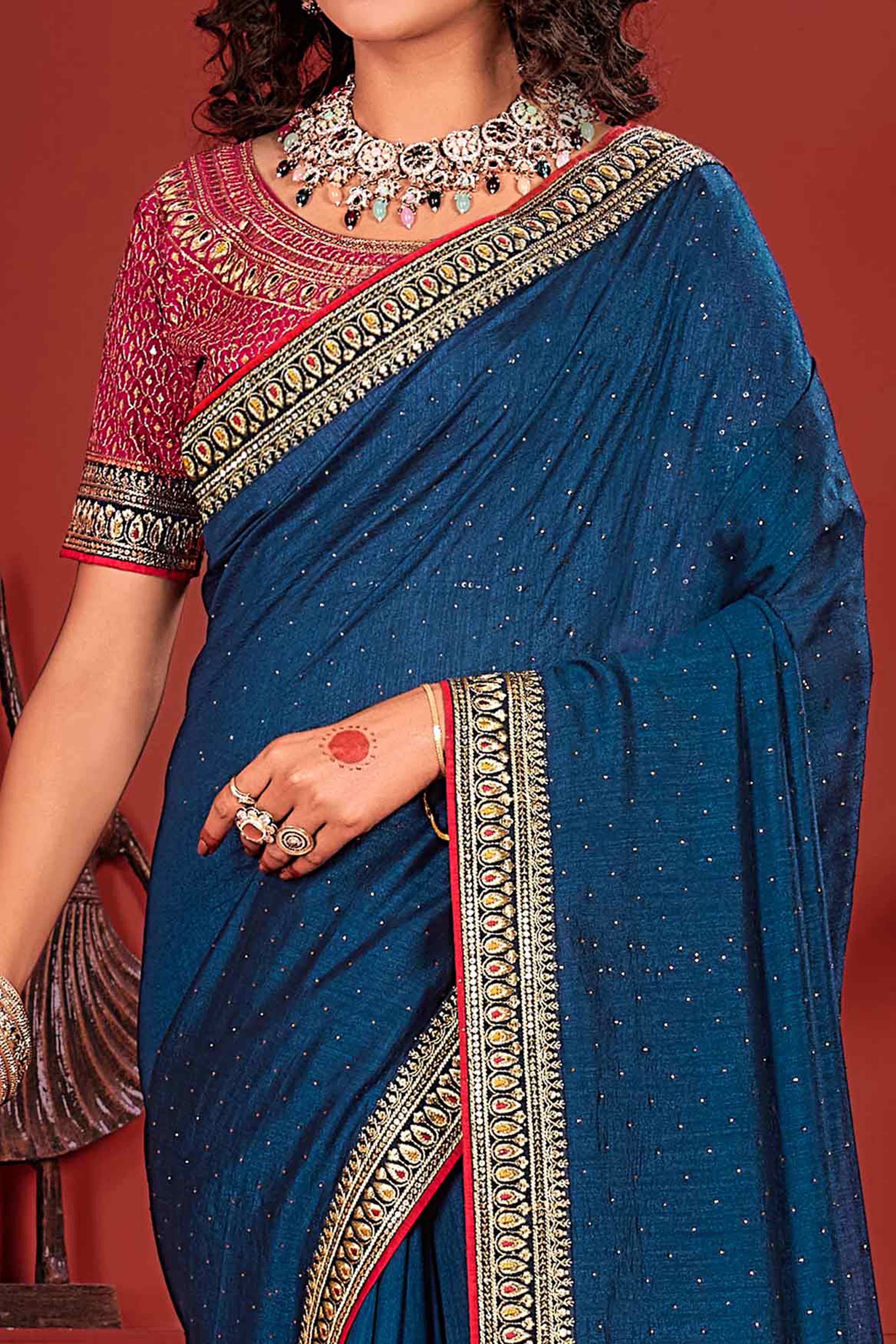 Teal Swarovski Work Embroidered Vichitra Silk Saree