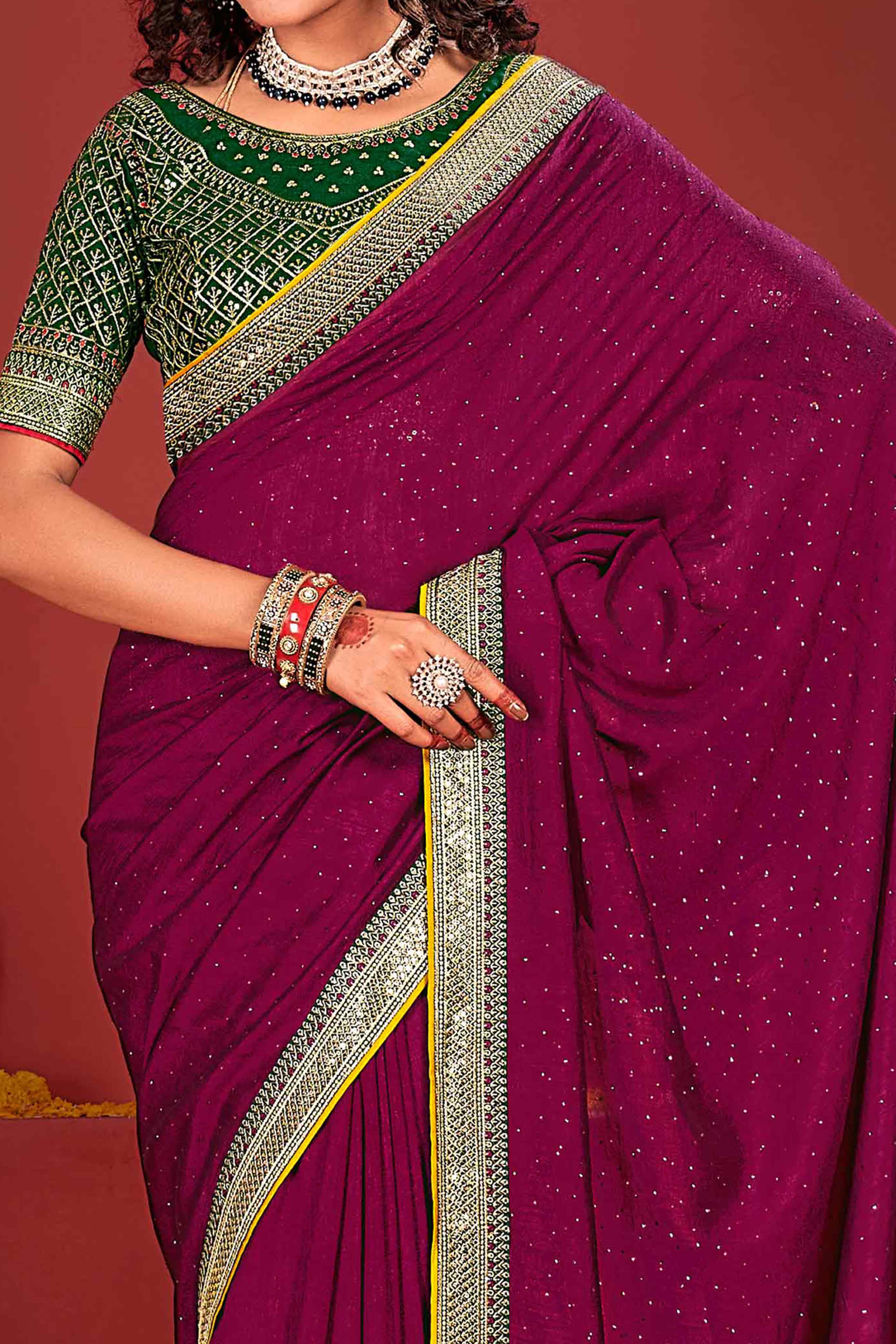 Magenta Swarovski Work Embroidered Vichitra Silk Saree