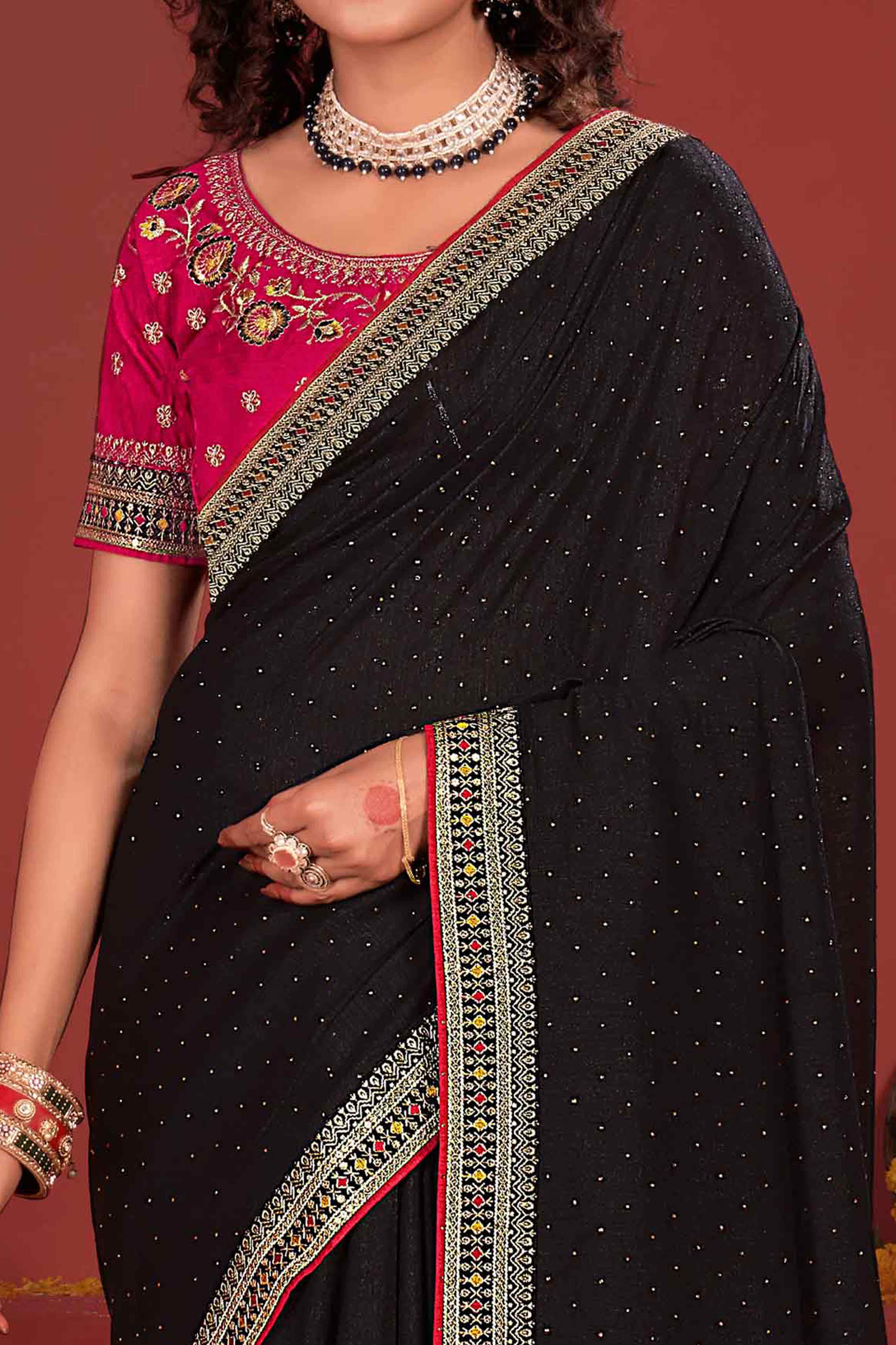 Black Swarovski Work Embroidered Vichitra Silk Saree