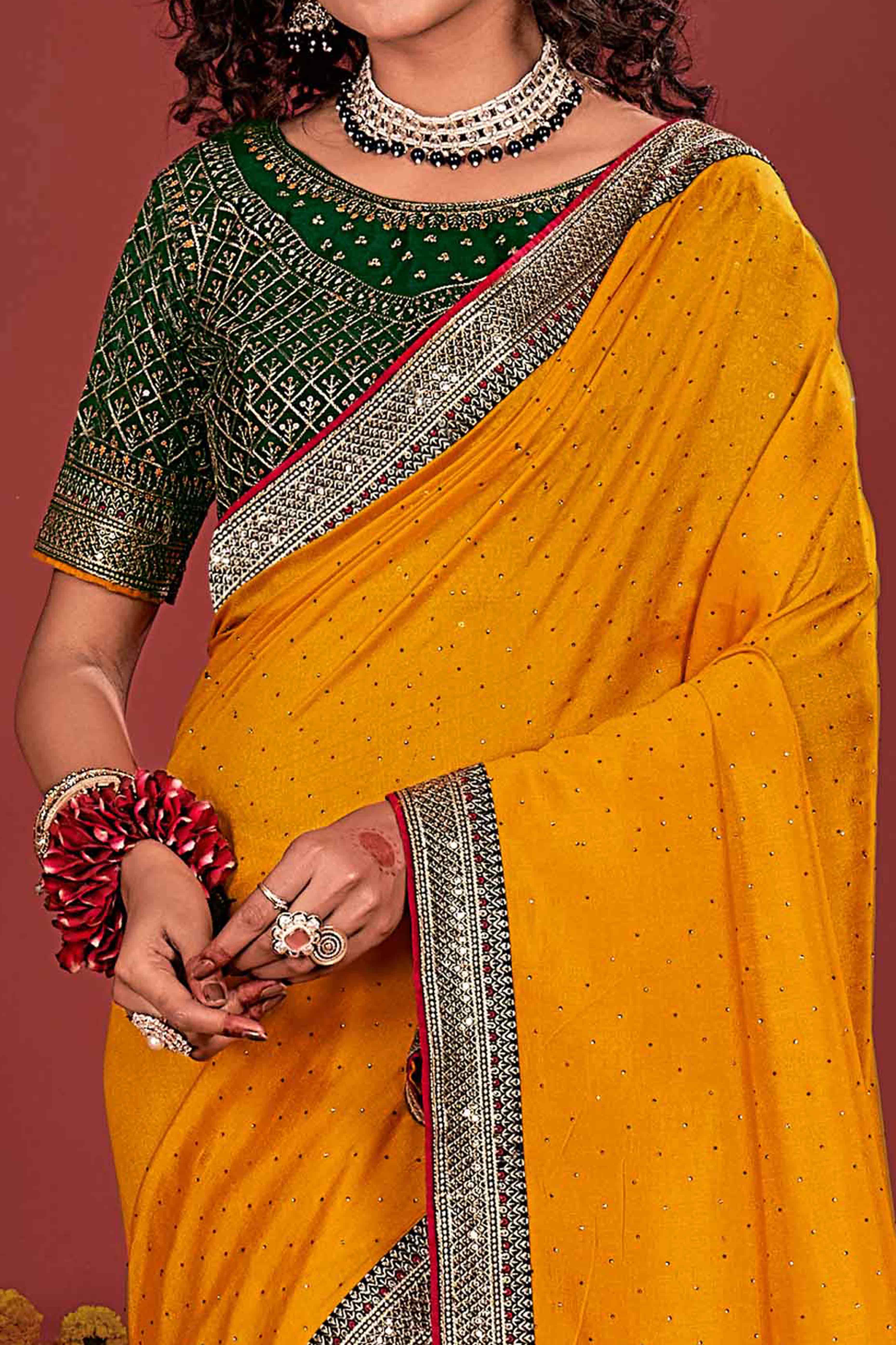 Mustard Swarovski Work Embroidered Vichitra Silk Saree