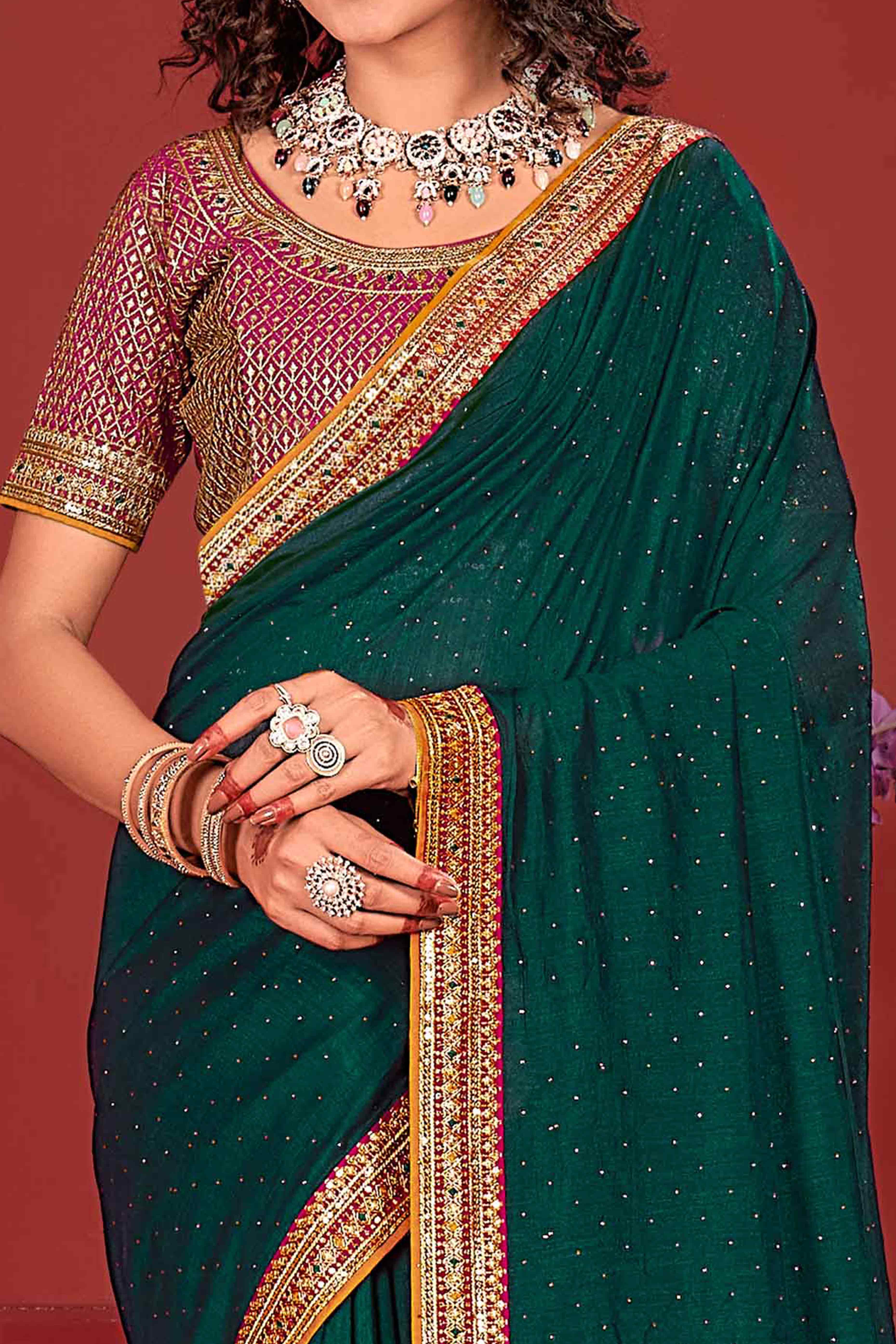 Morpich green Swarovski Work Embroidered Vichitra Silk Saree