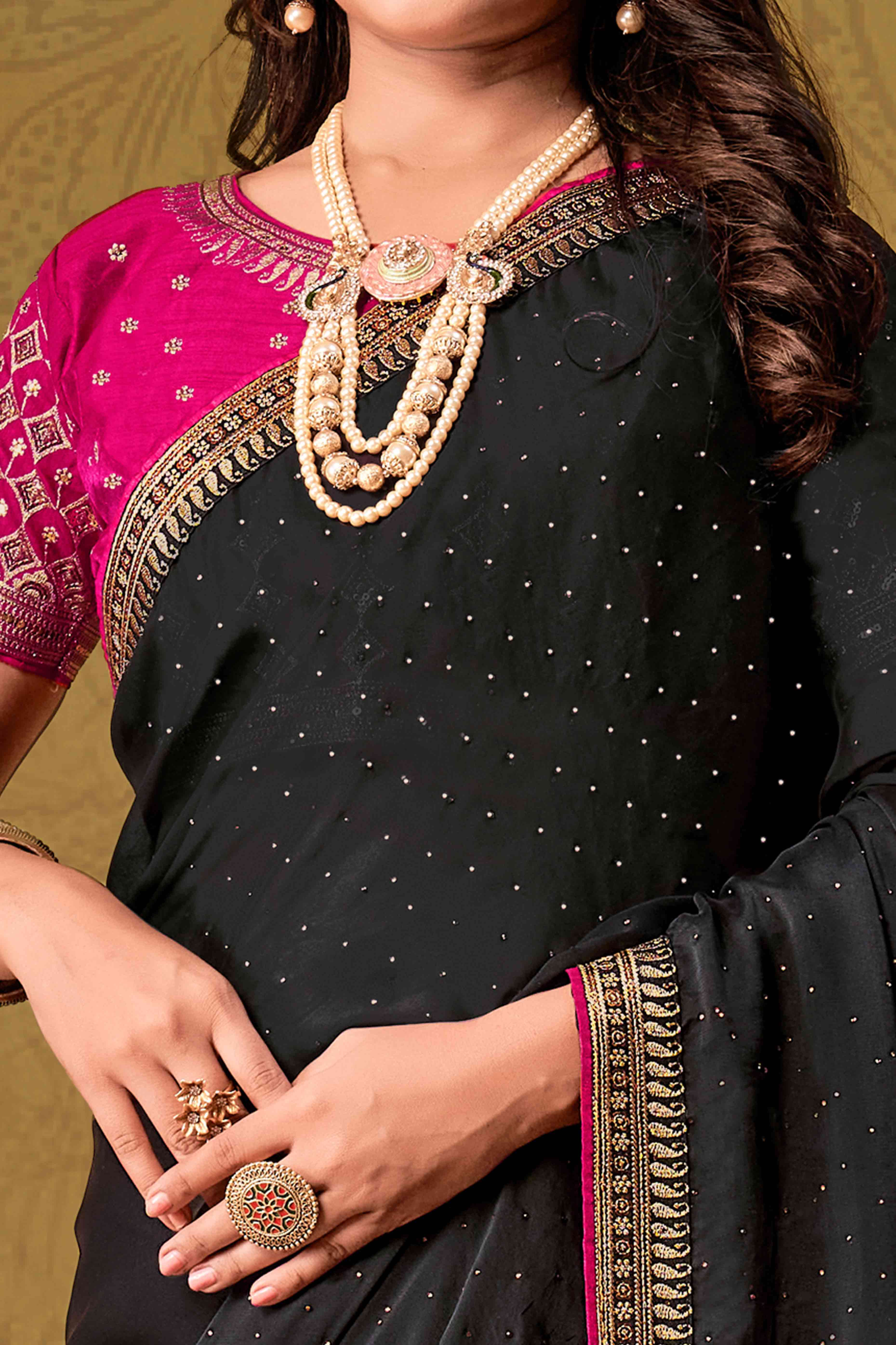 Black Swarovski Work Satin Saree With Designer Border