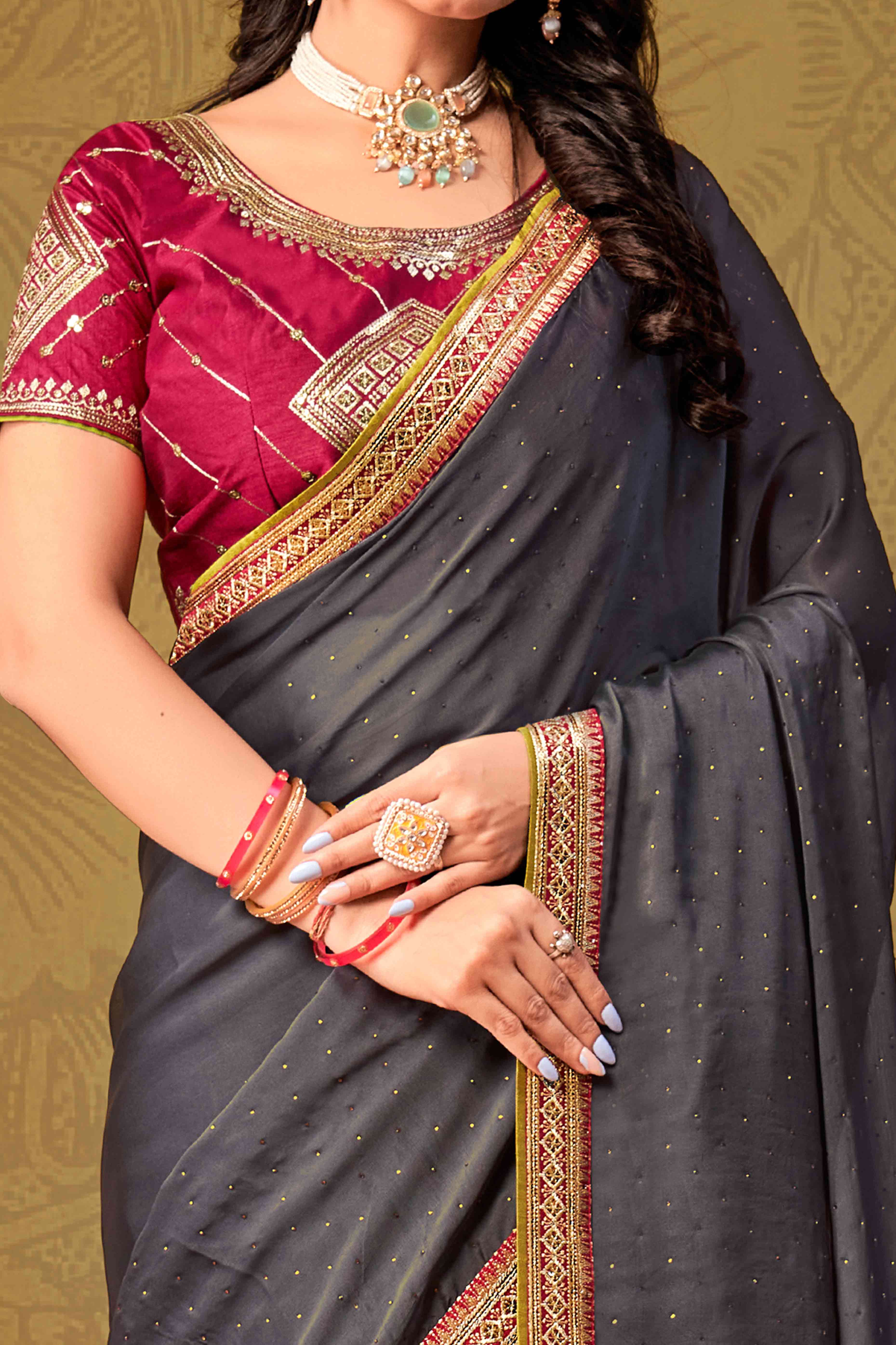 Grey Swarovski Work Satin Saree With Designer Border