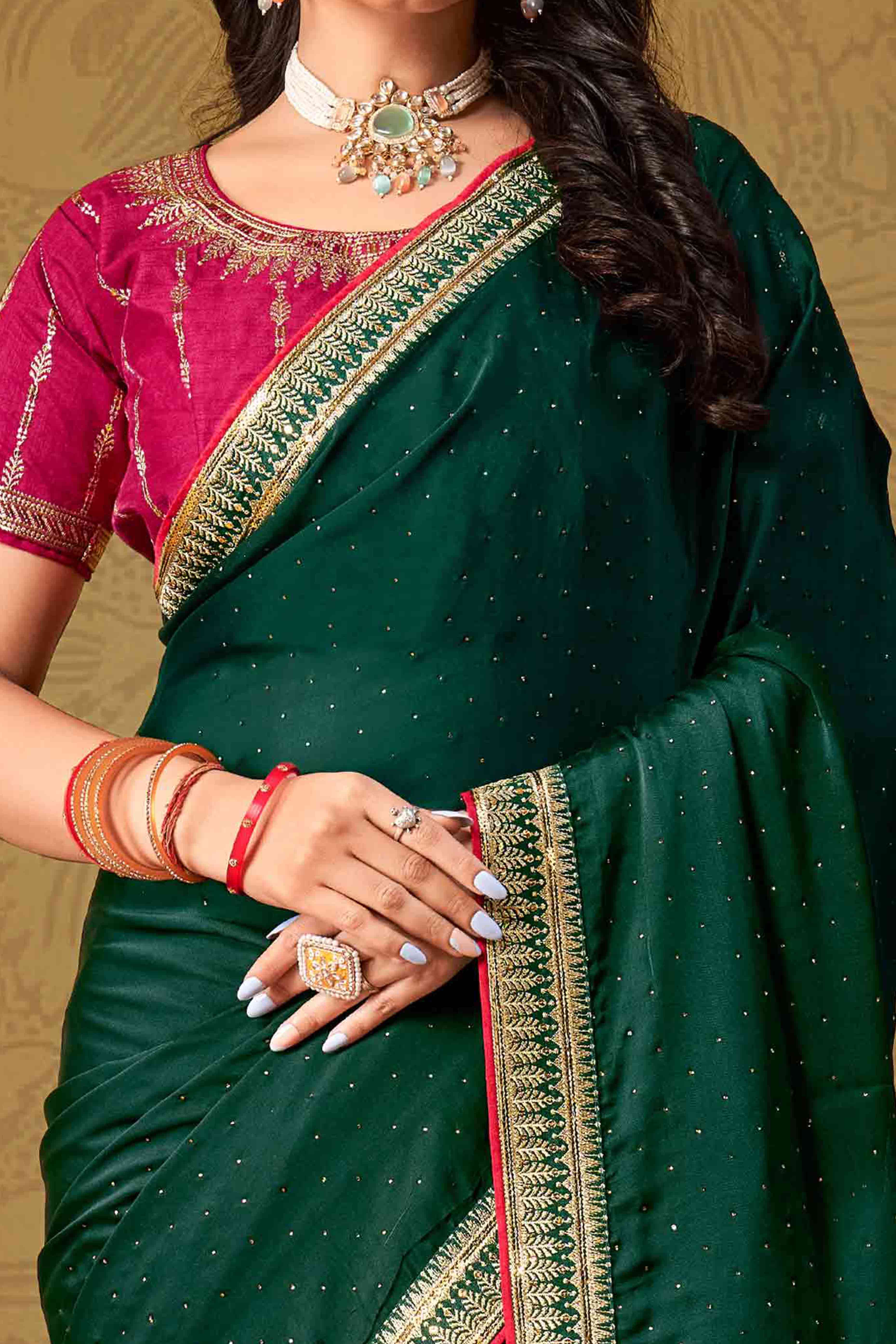 Green Swarovski Work Satin Saree With Designer Border