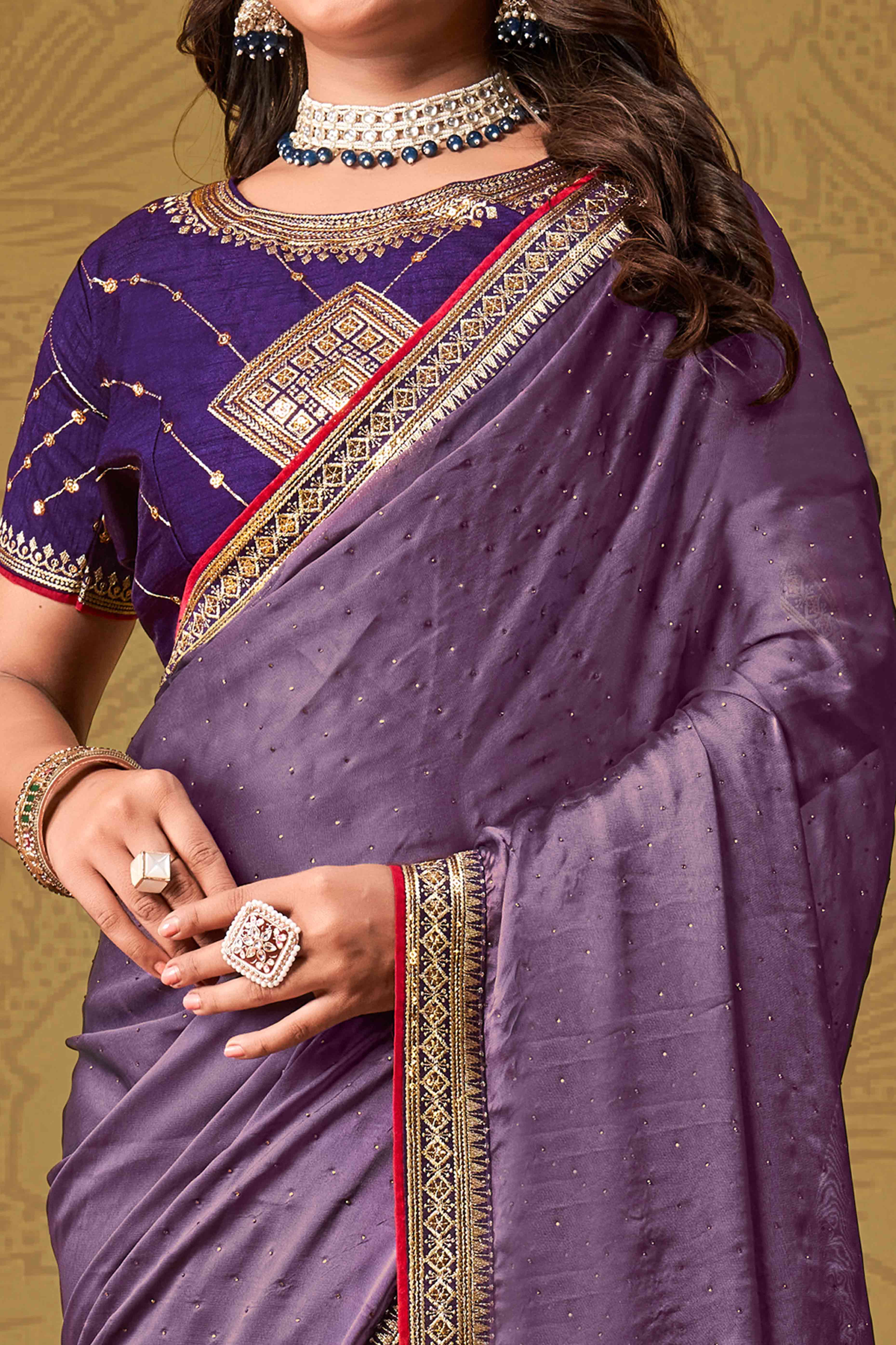 Purple Swarovski Work Satin Saree With Designer Border