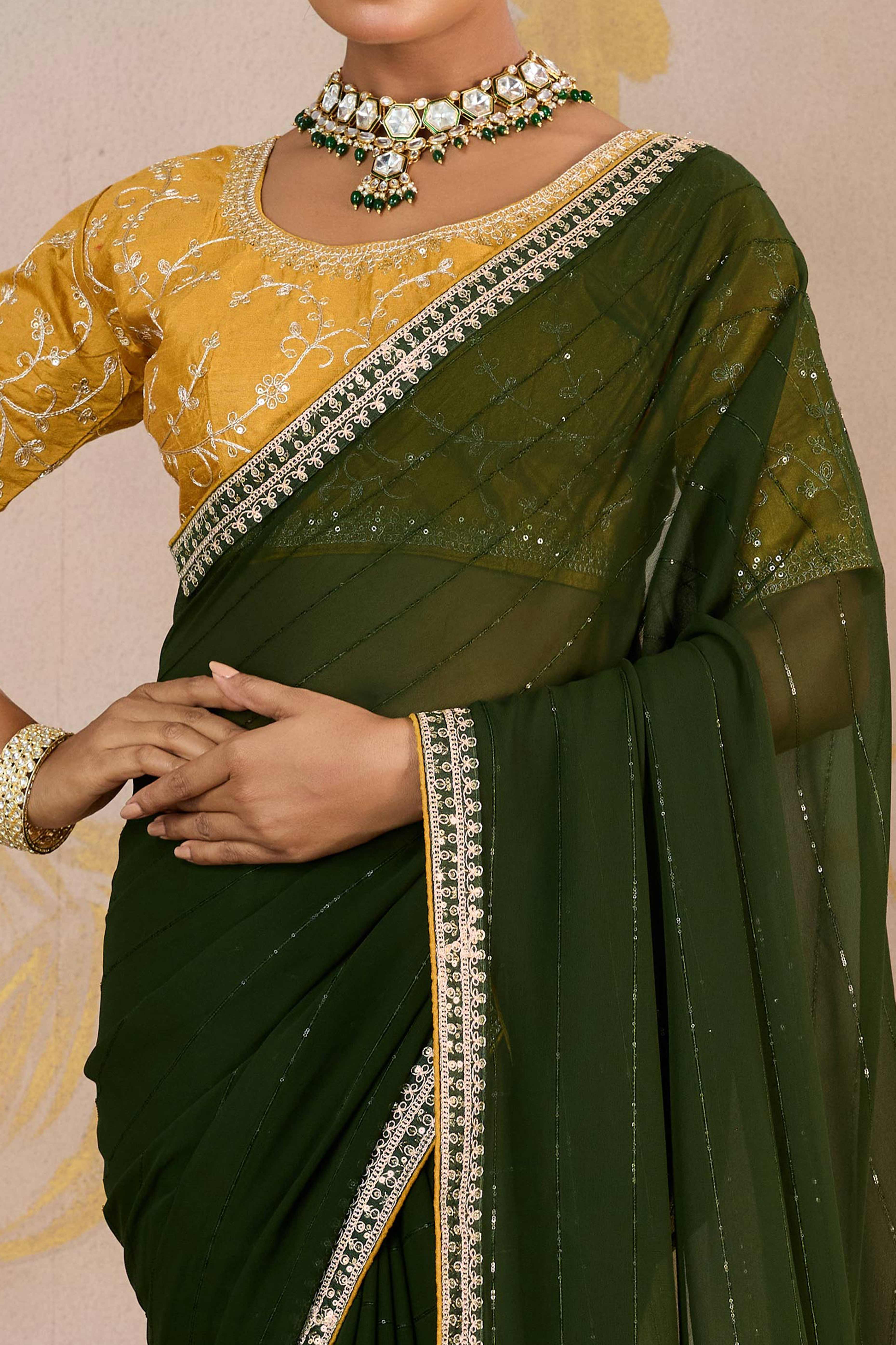Mehendi Green Zari Embroidered Georgette Saree Accented With Sequins
