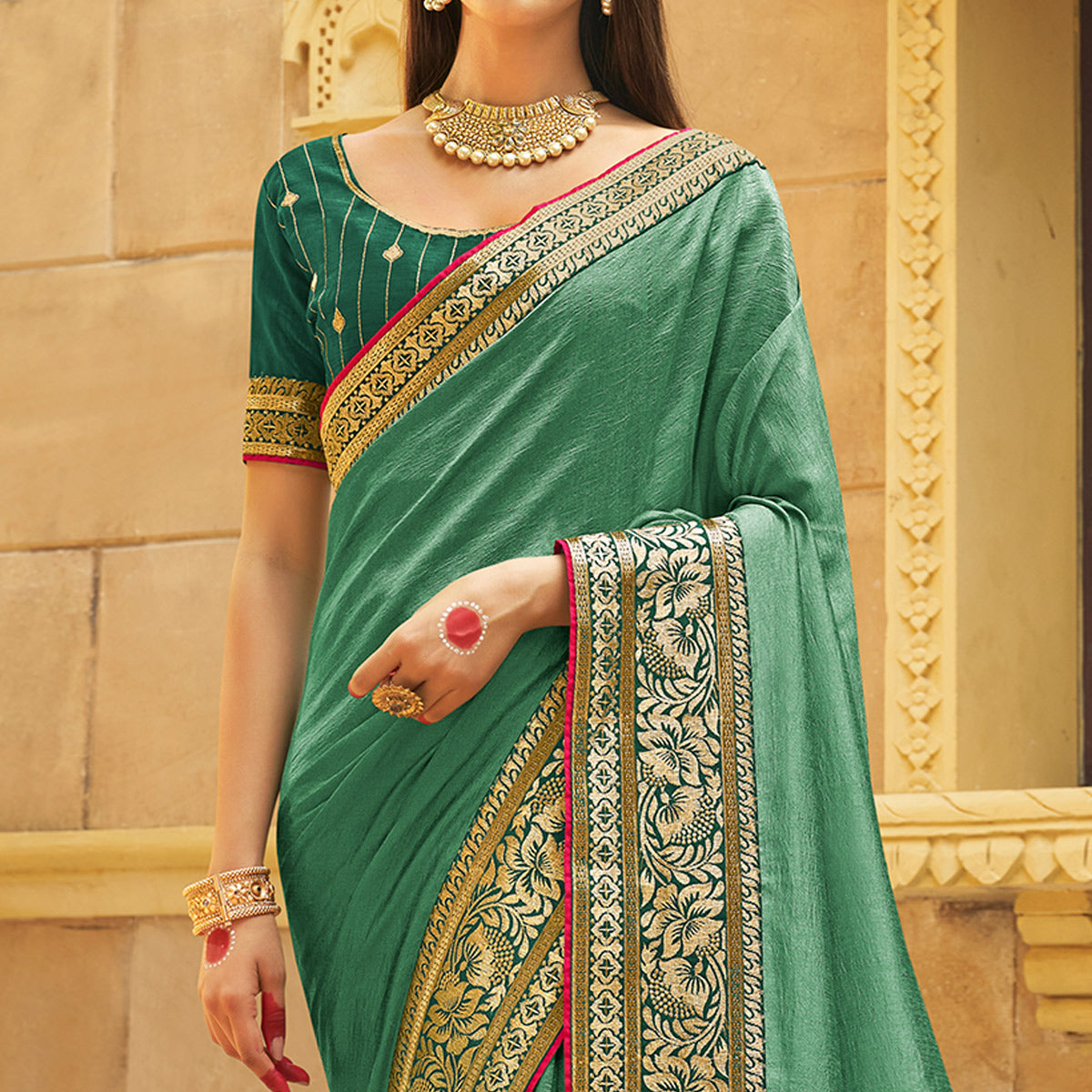 Dusty Green Solid With Embroidered Border Vichitra Silk Saree