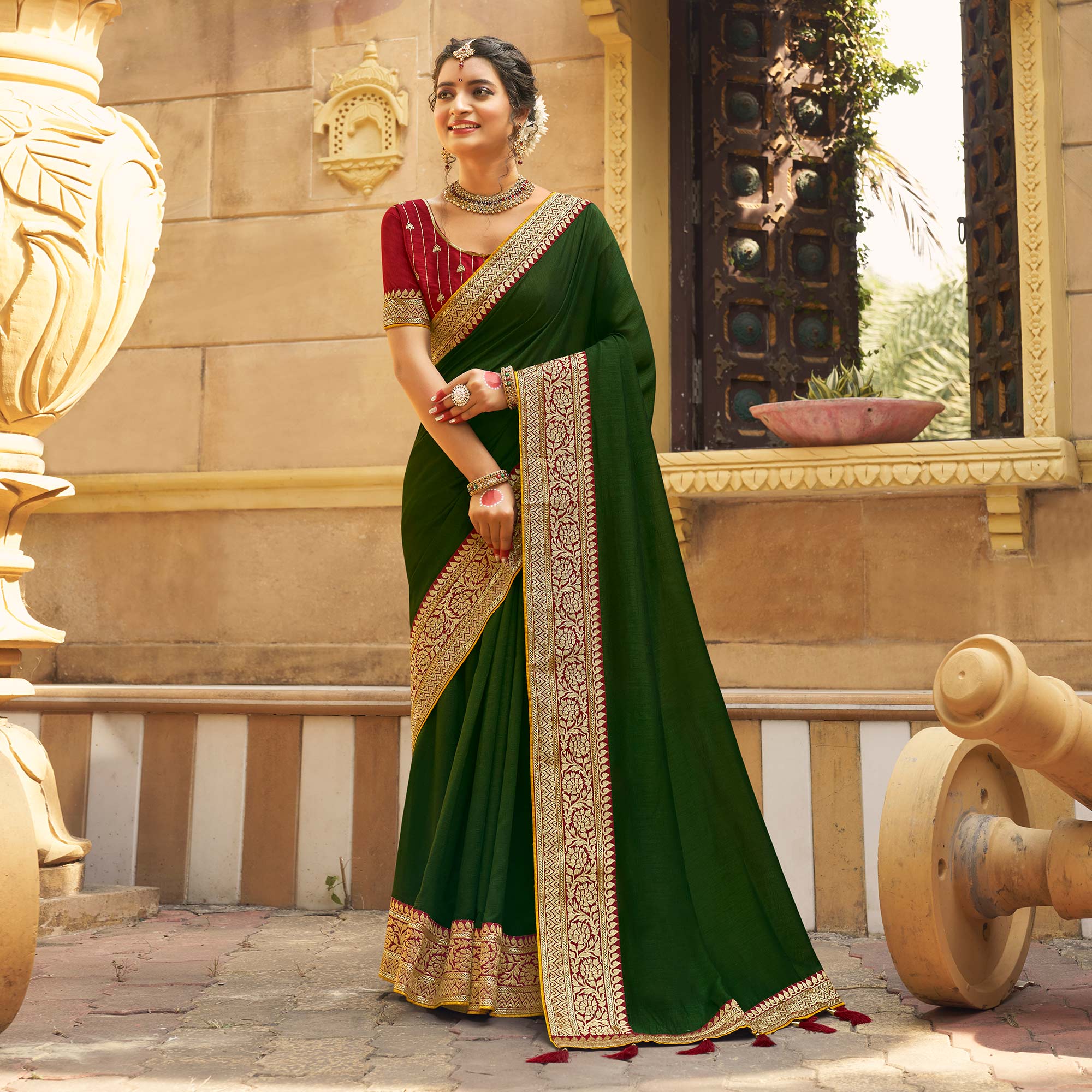Green Solid With Embroidered Border Vichitra Silk Saree