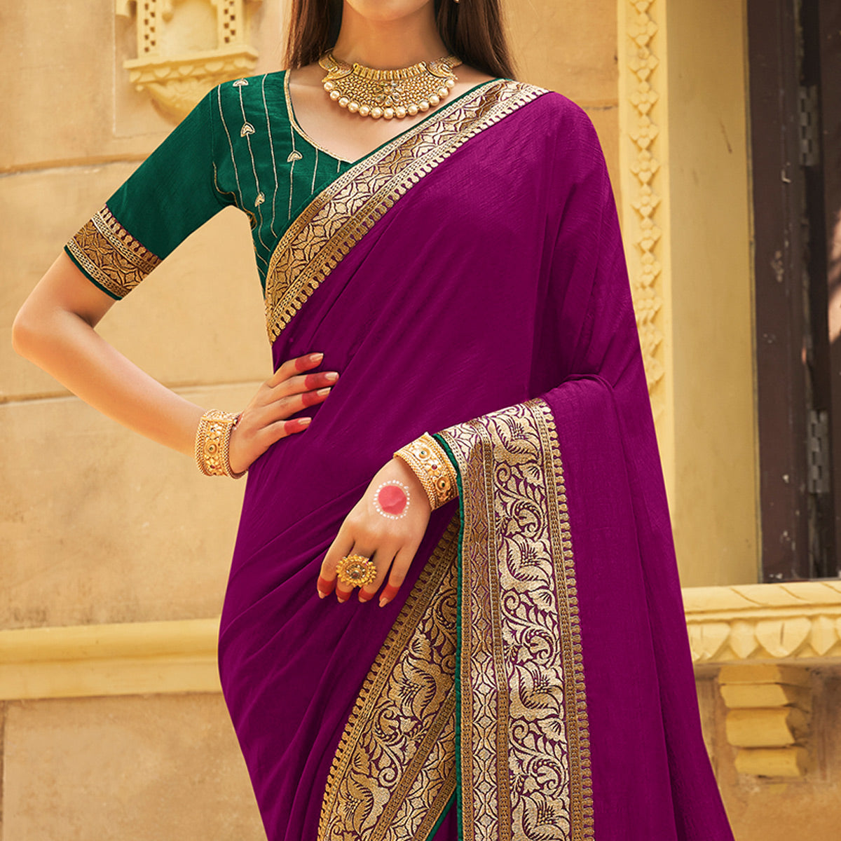 Purple Solid With Embroidered Border Vichitra Silk Saree