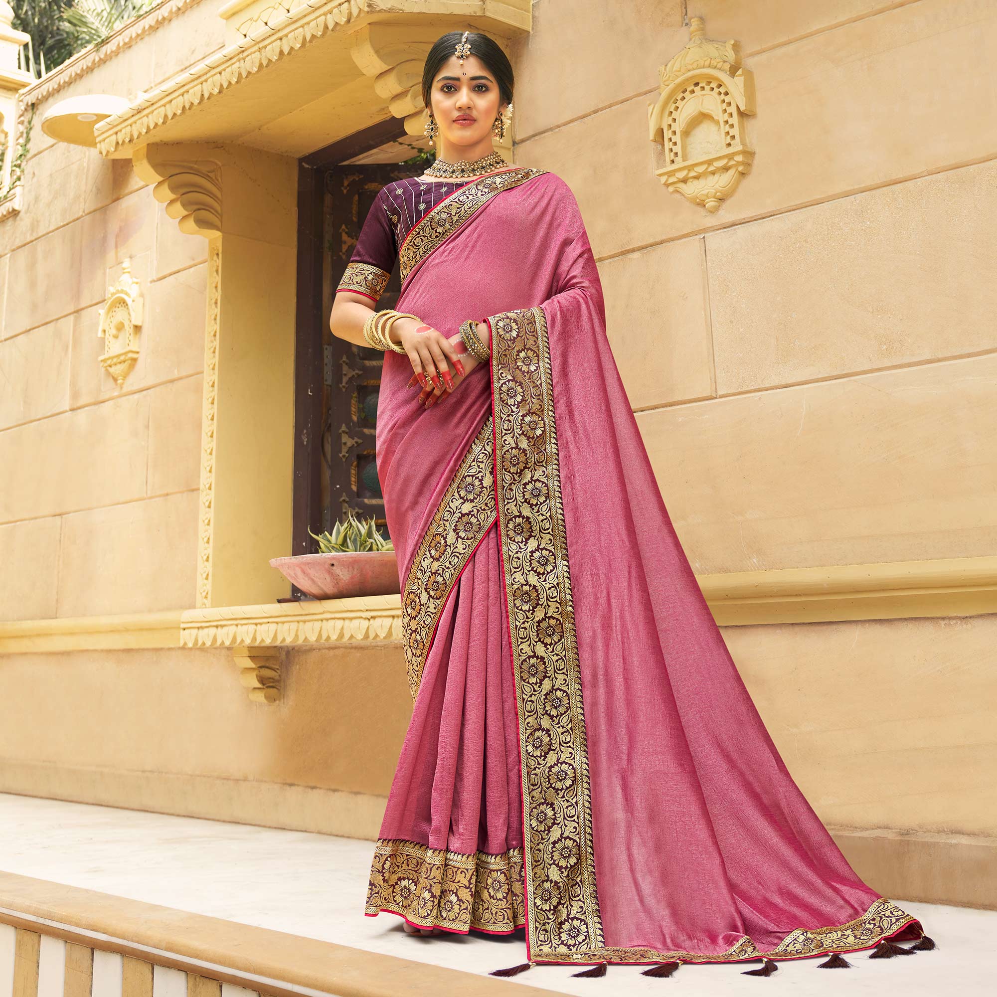 Dusty Pink Solid With Embroidered Border Vichitra Silk Saree