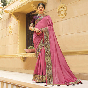 Dusty Pink Solid With Embroidered Border Vichitra Silk Saree