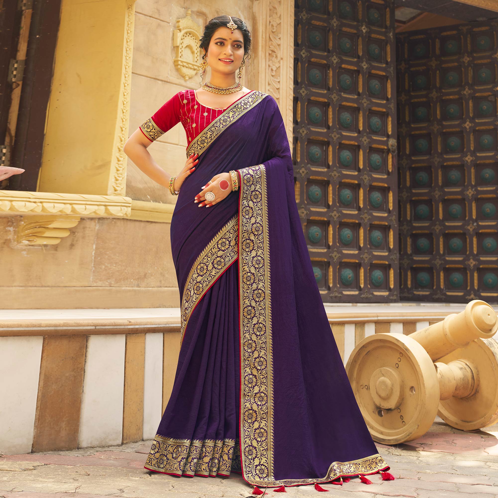 Violet Solid With Embroidered Border Vichitra Silk Saree