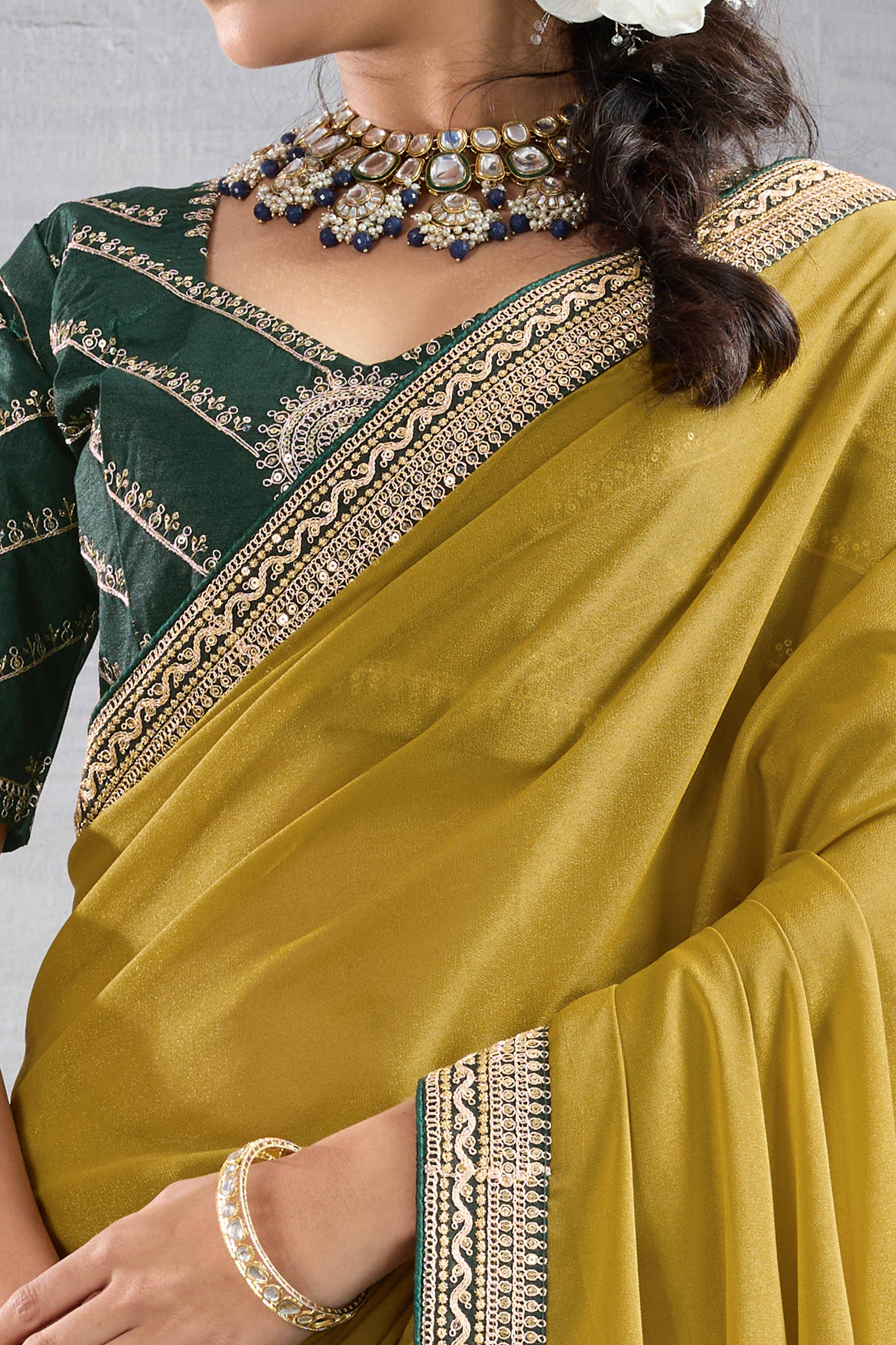 Mustard Solid Saree In Georgette With Zari & Sequins Embroidery Border