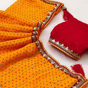 Charming Mustard Bandhani Printed Georgette Saree With Glittering Sequins & Zari Border