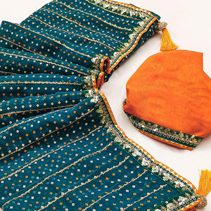 Charming Teal Bandhani Printed Georgette Saree With Glittering Sequins & Zari Border