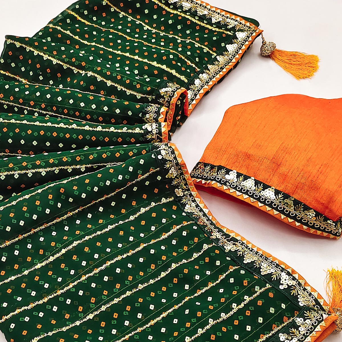 Charming Green Bandhani Printed Georgette Saree With Glittering Sequins & Zari Border