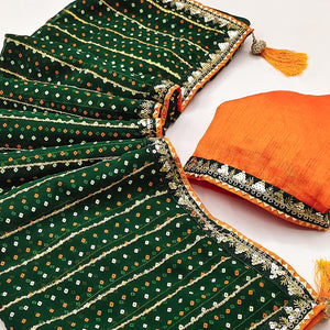 Charming Green Bandhani Printed Georgette Saree With Glittering Sequins & Zari Border