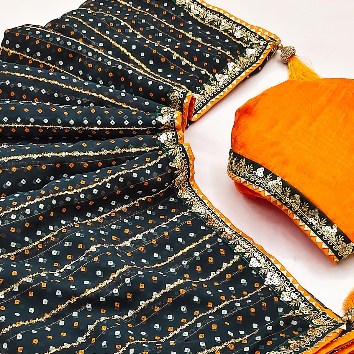 Charming Dark Teal Green Bandhani Printed Georgette Saree With Glittering Sequins & Zari Border