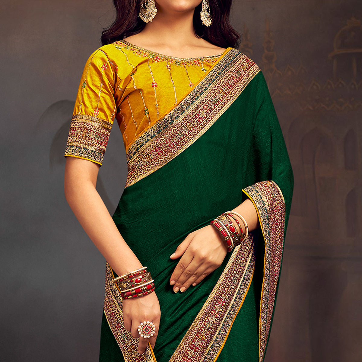 Green Solid With Embroidered Border Vichitra Silk Saree