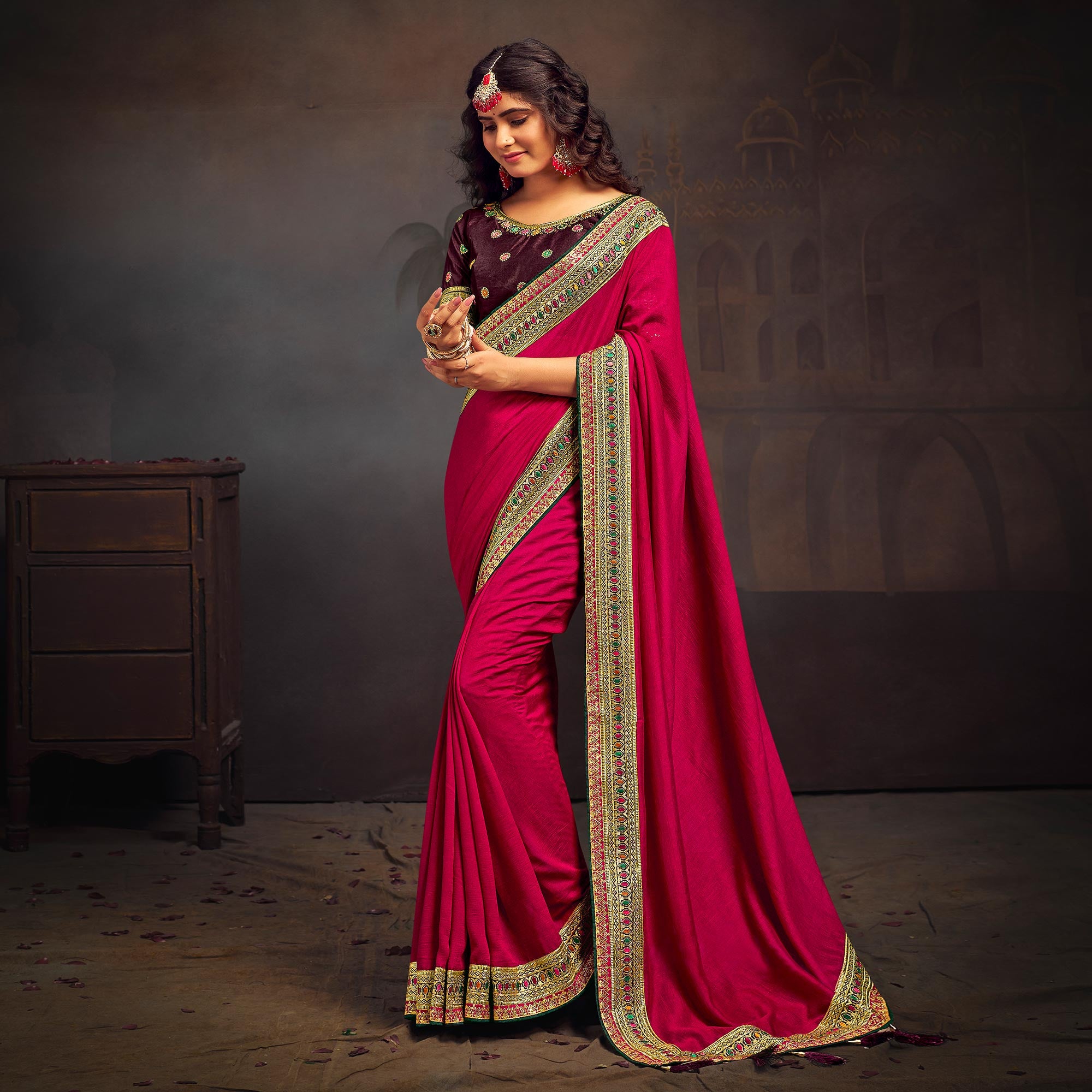 Rani Pink Solid With Embroidered Border Vichitra Silk Saree