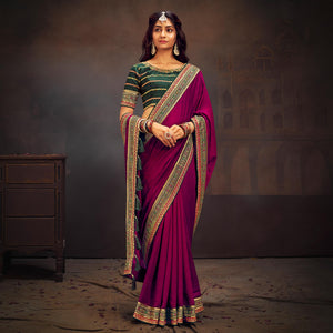 Magenta Solid With Embroidered Border Vichitra Silk Saree