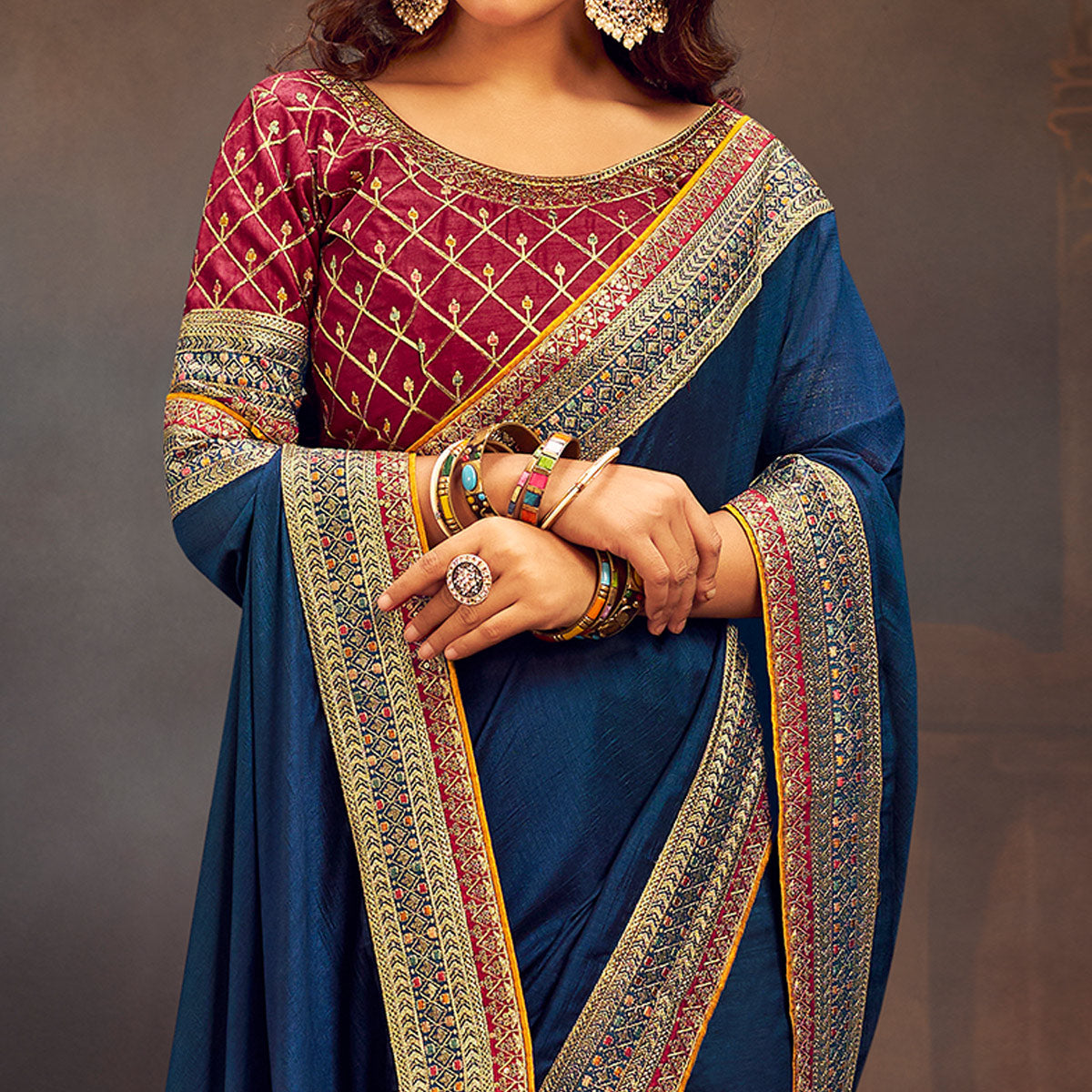 Blue Solid With Embroidered Border Vichitra Silk Saree