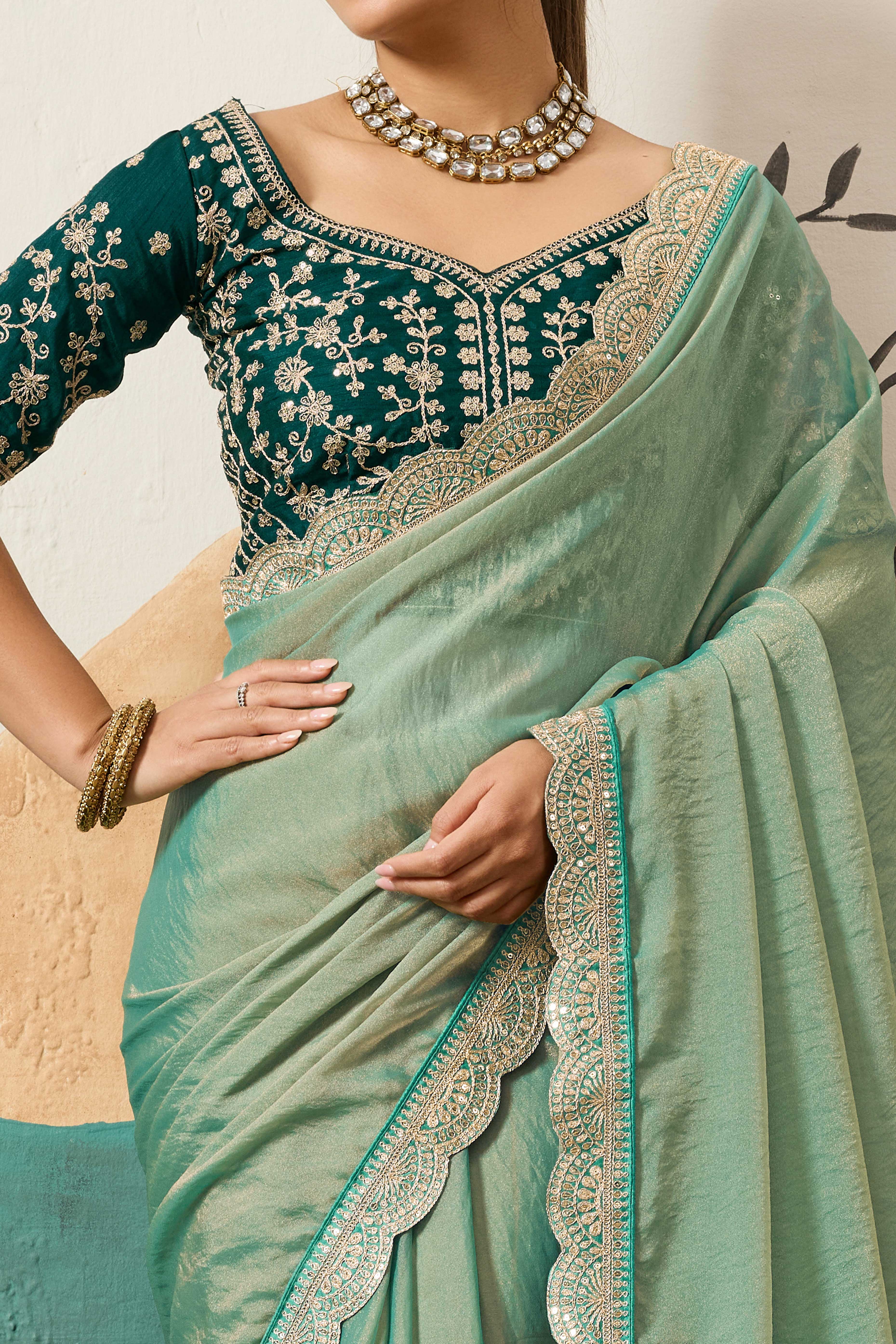 Sophisticated Sea Green Solid Moss Orgnaza Saree With Intricate Cording Sequins Embroidery Border