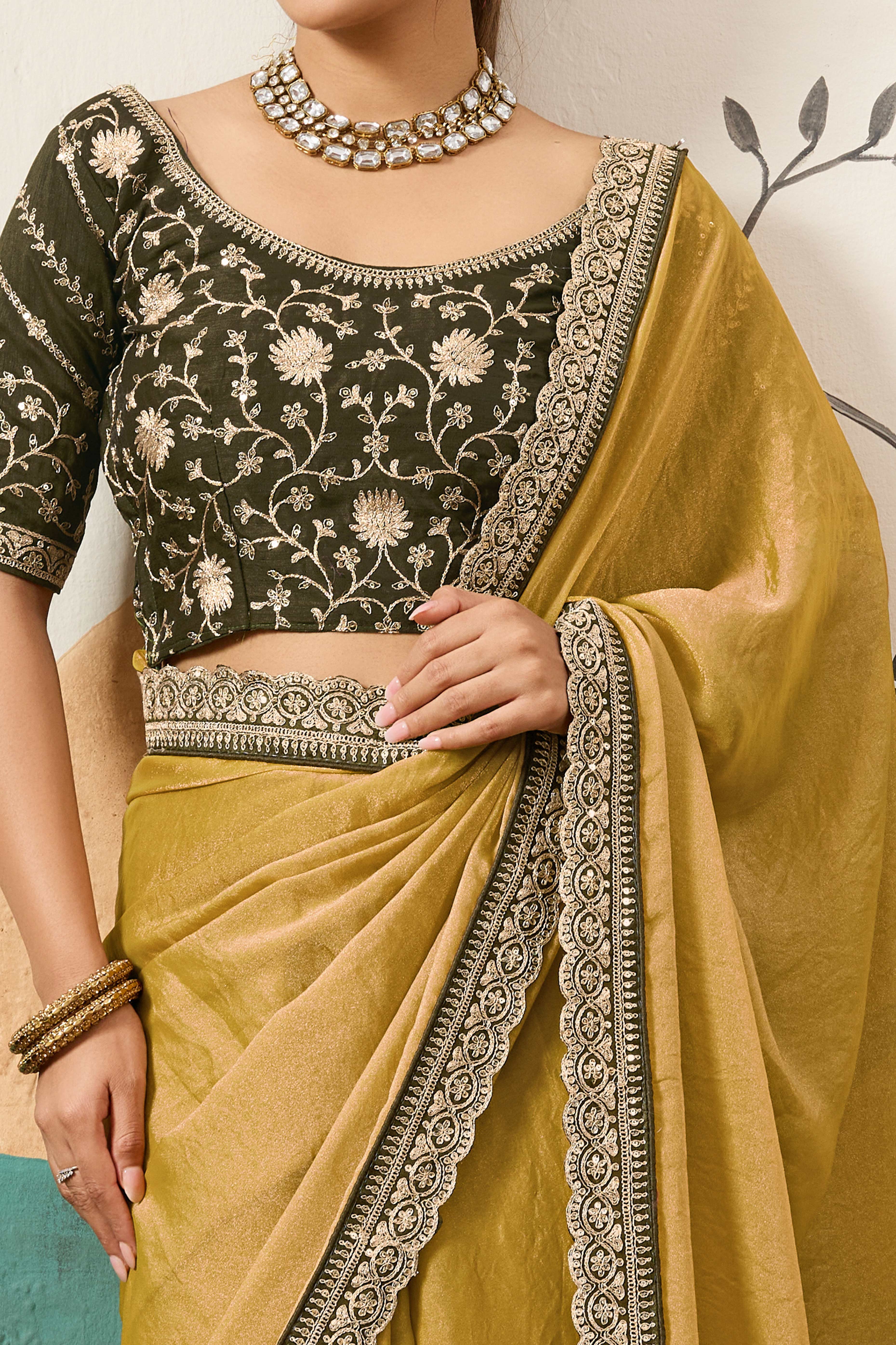 Sophisticated Dark Mustard Solid Moss Orgnaza Saree With Intricate Cording Sequin Embroidery Border