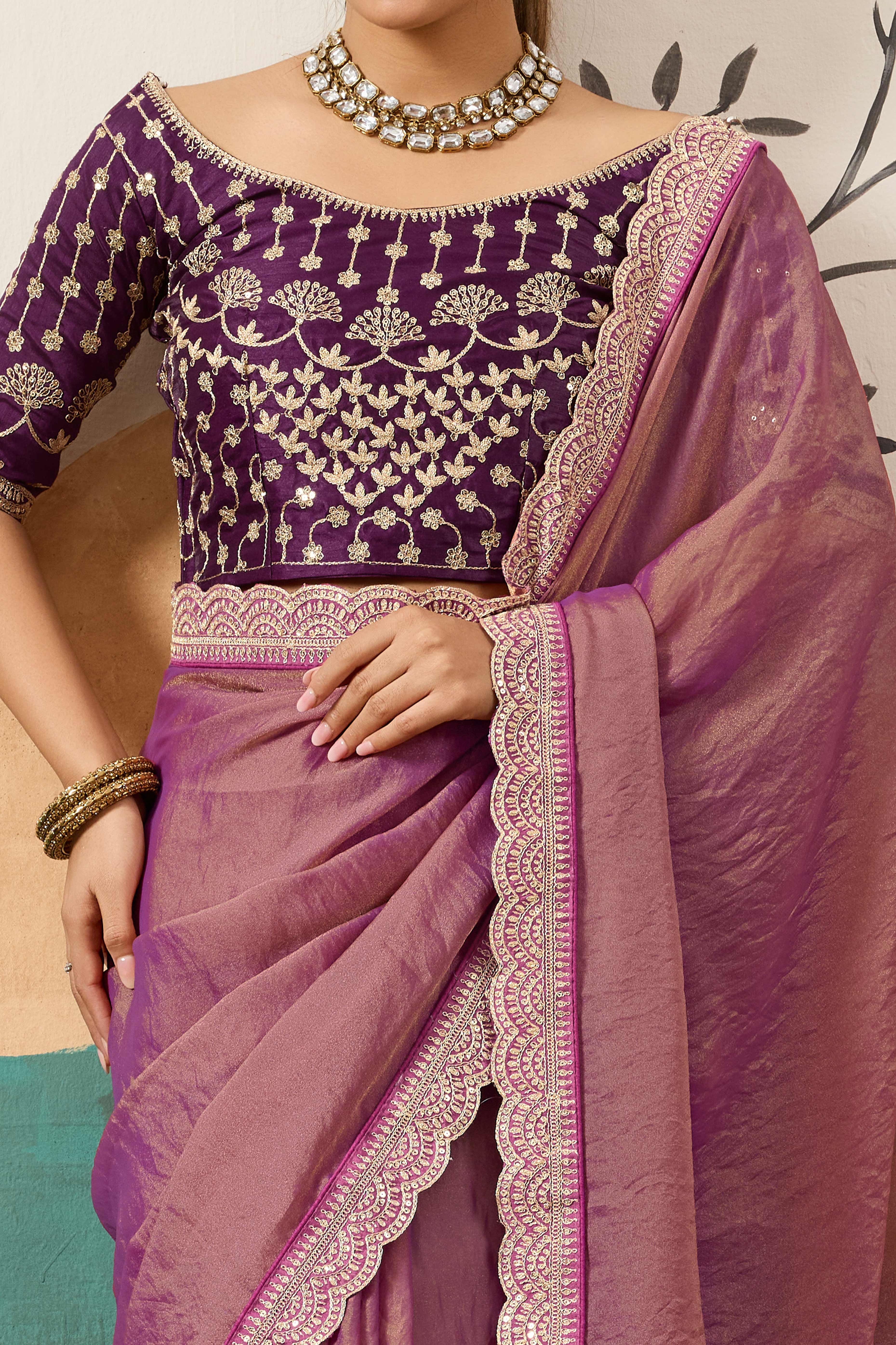 Sophisticated Purple Solid Moss Orgnaza Saree With Intricate Cording Sequins Embroidery Border