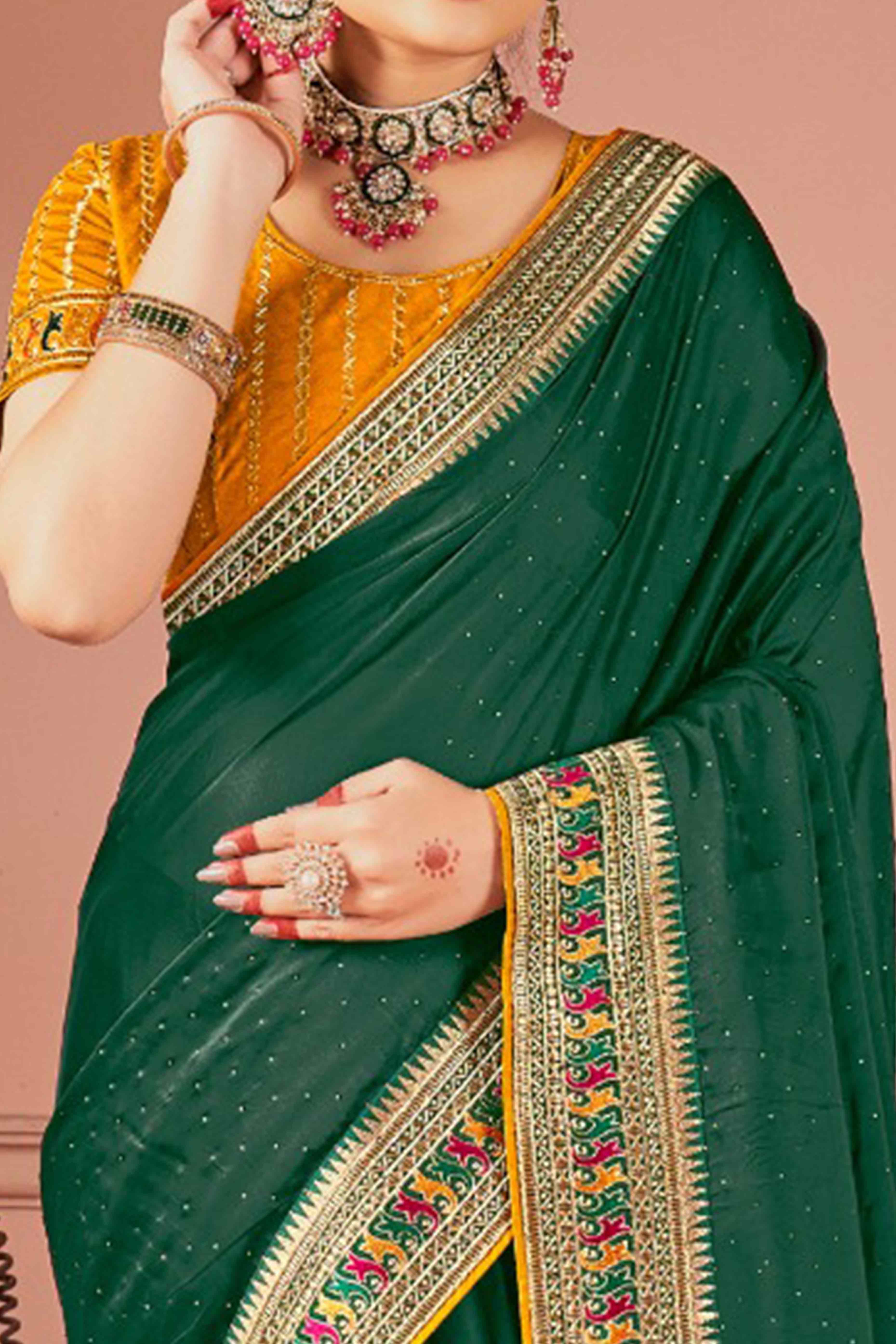 Green Swarovski Work Satin Rangoli Saree With Embroidered Border