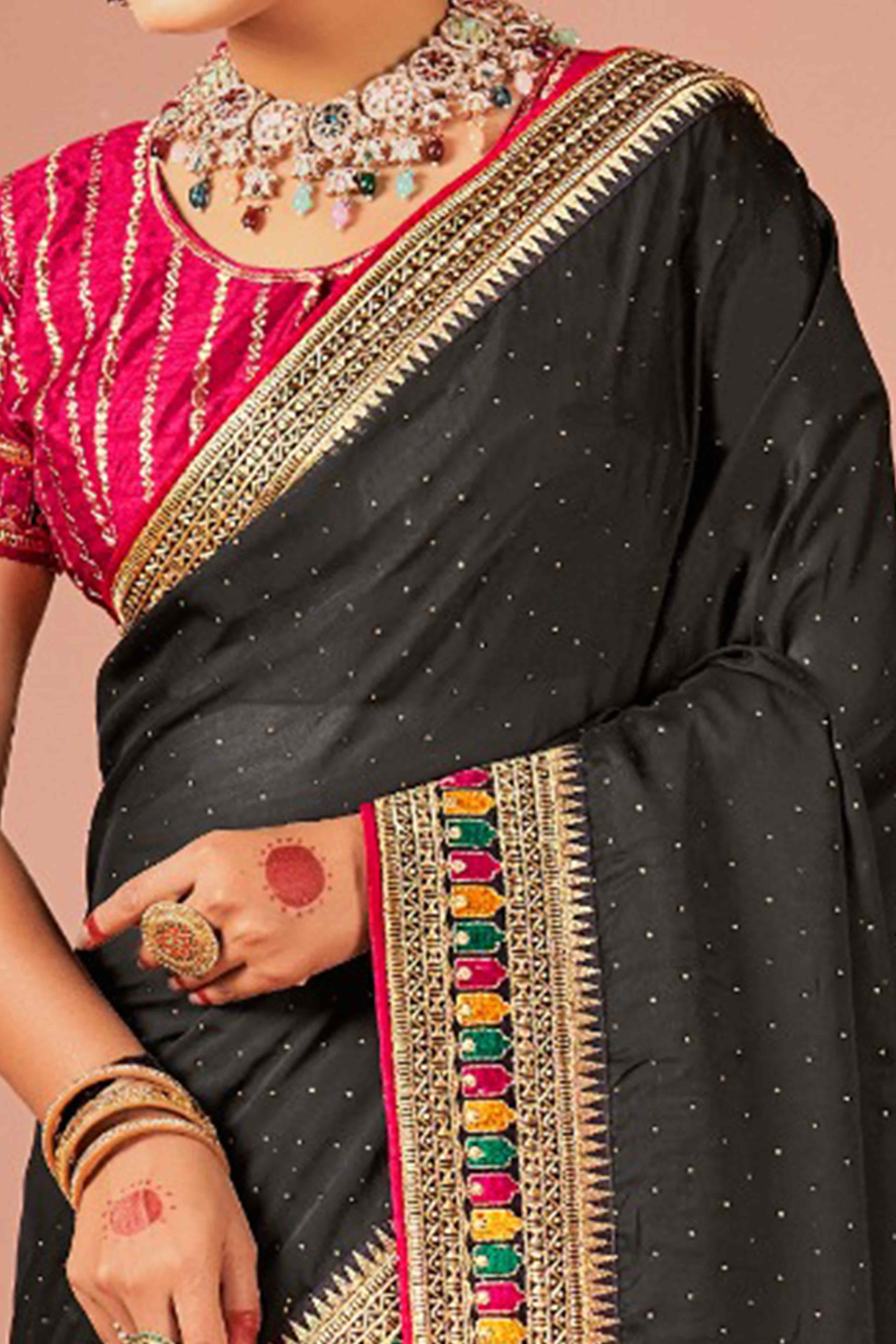 Black Swarovski Work Satin Rangoli Saree With Embroidered Border