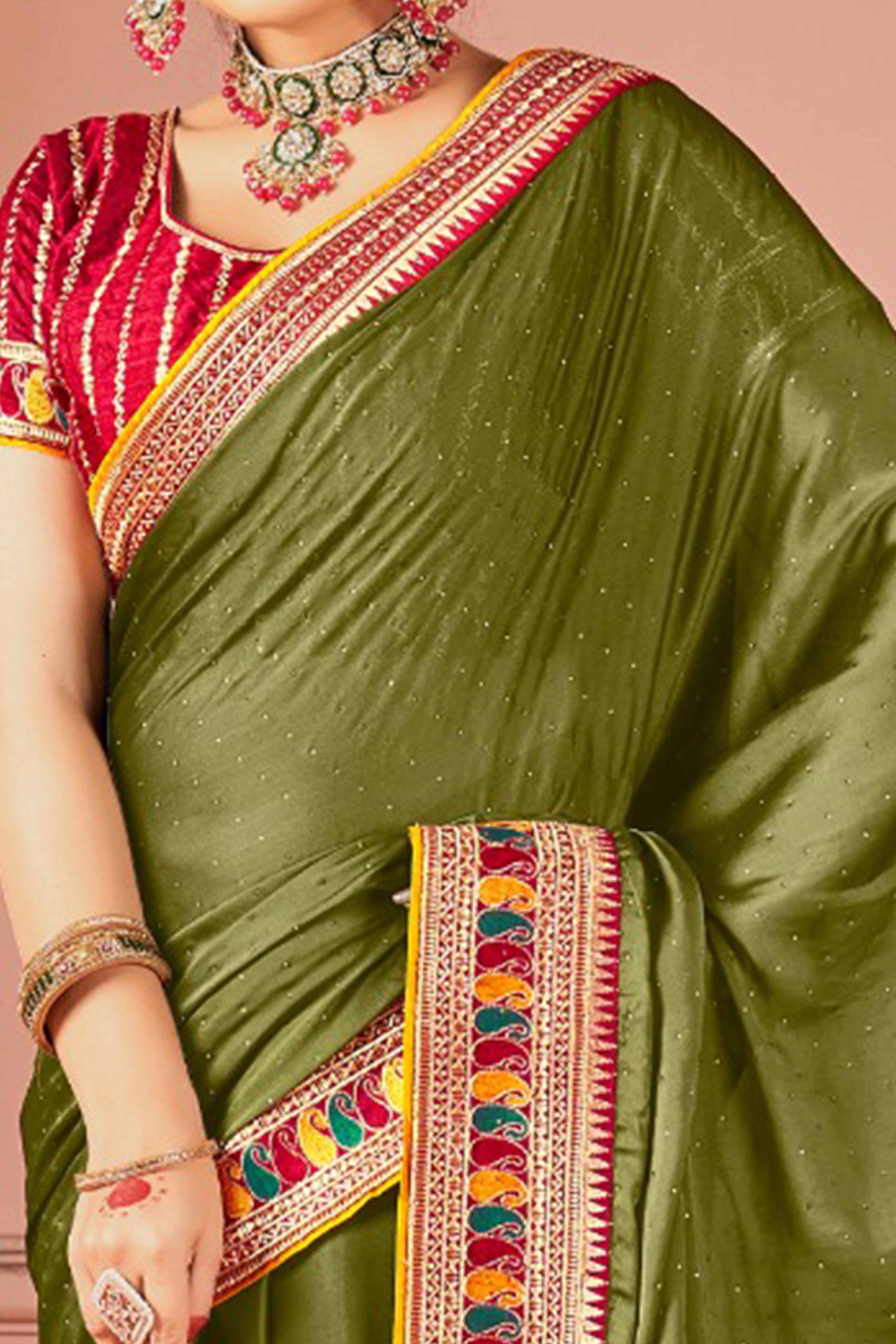 Olive Swarovski Work Satin Rangoli Saree With Embroidered Border