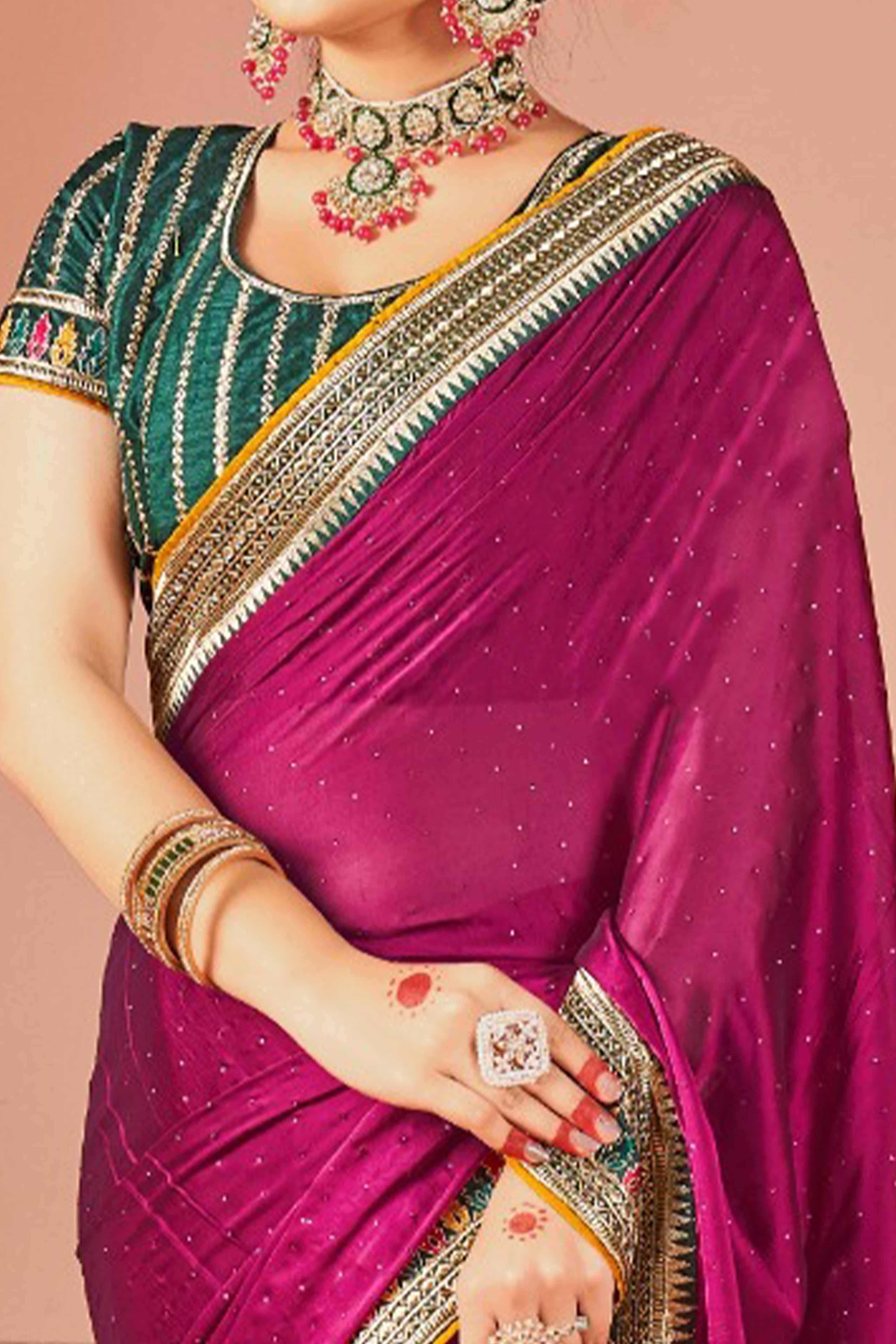 Magenta Swarovski Work Satin Rangoli Saree With Embroidered Border