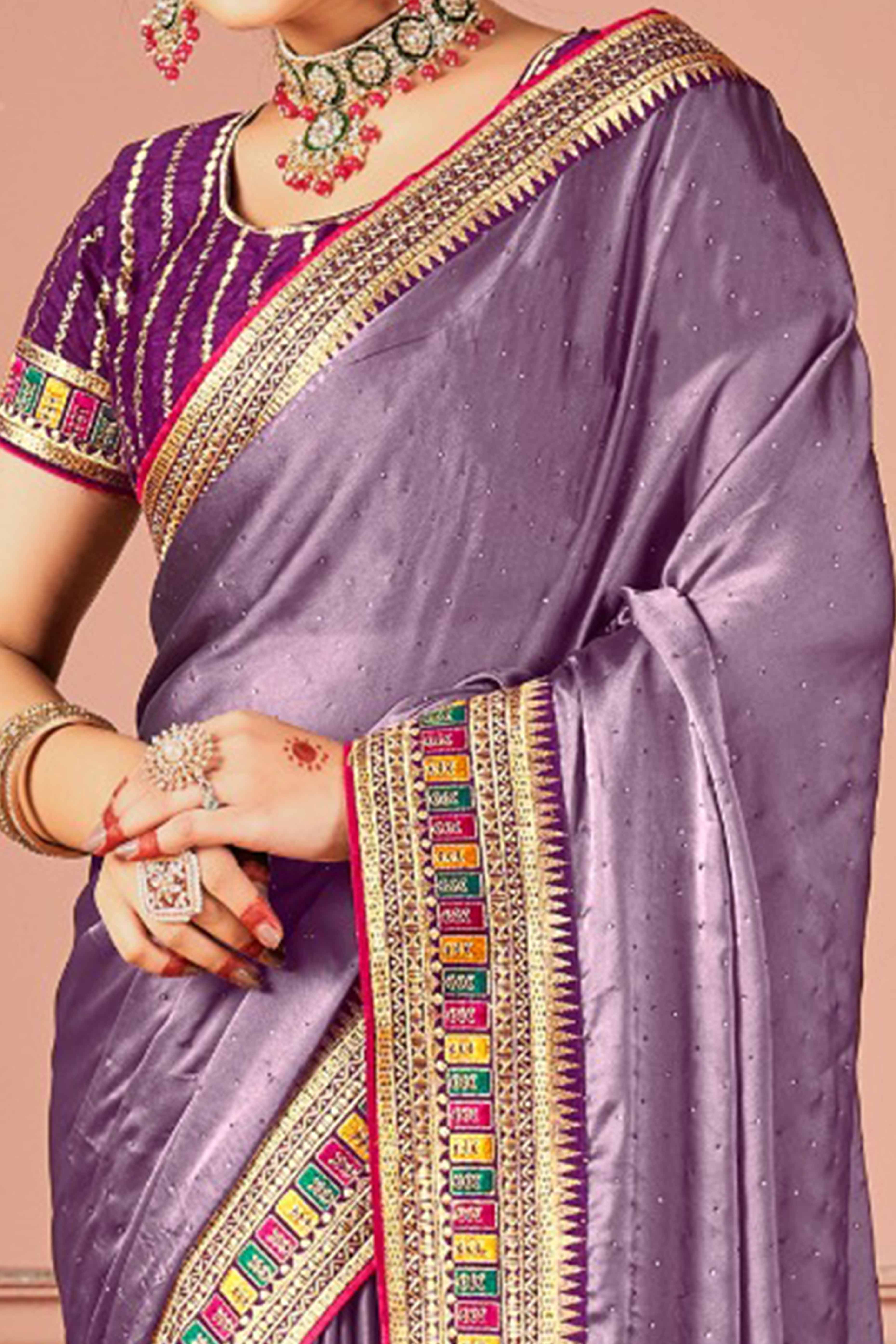 Lavender Swarovski Work Satin Rangoli Saree With Embroidered Border