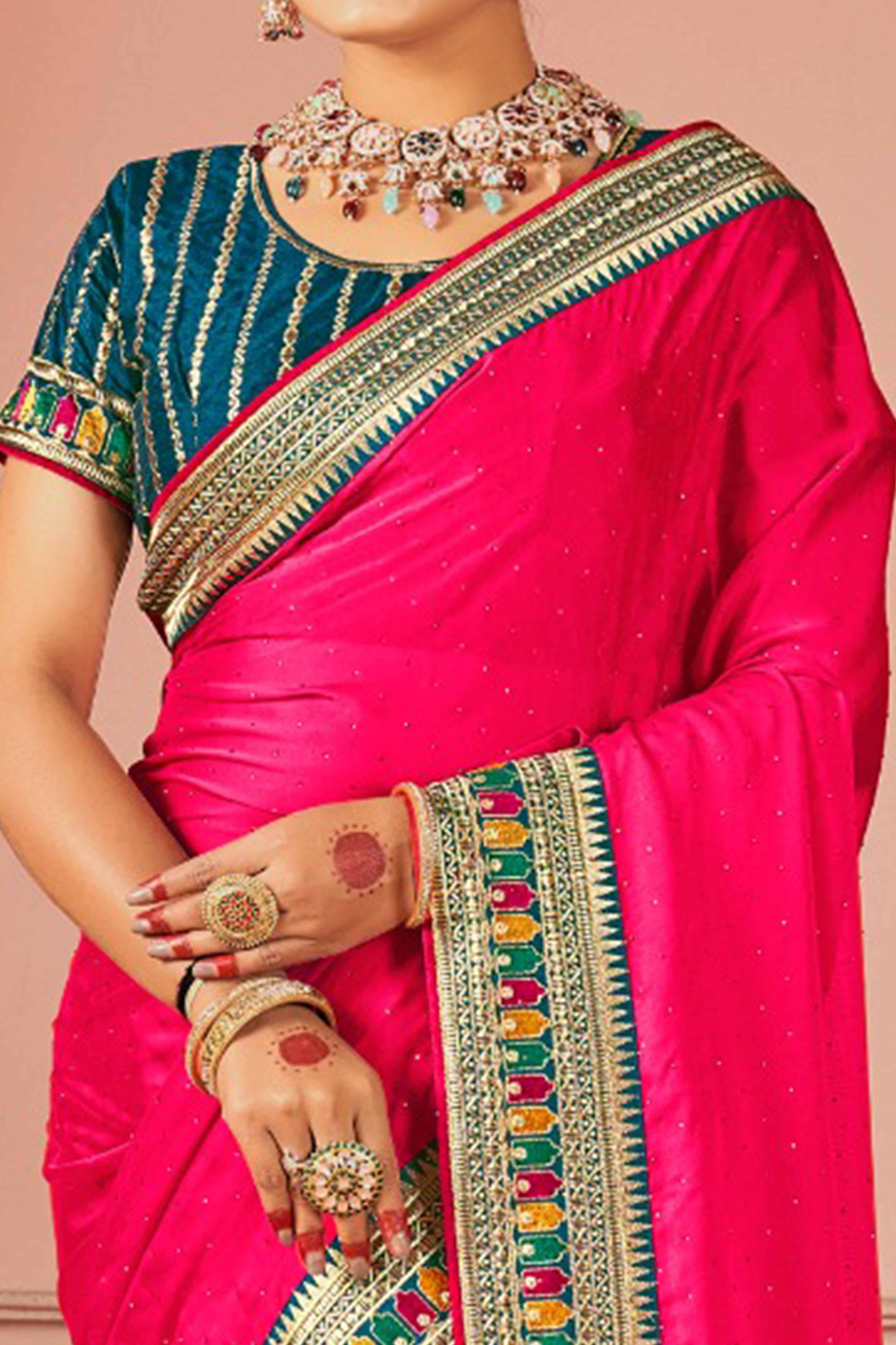 Pink Swarovski Work Satin Rangoli Saree With Embroidered Border