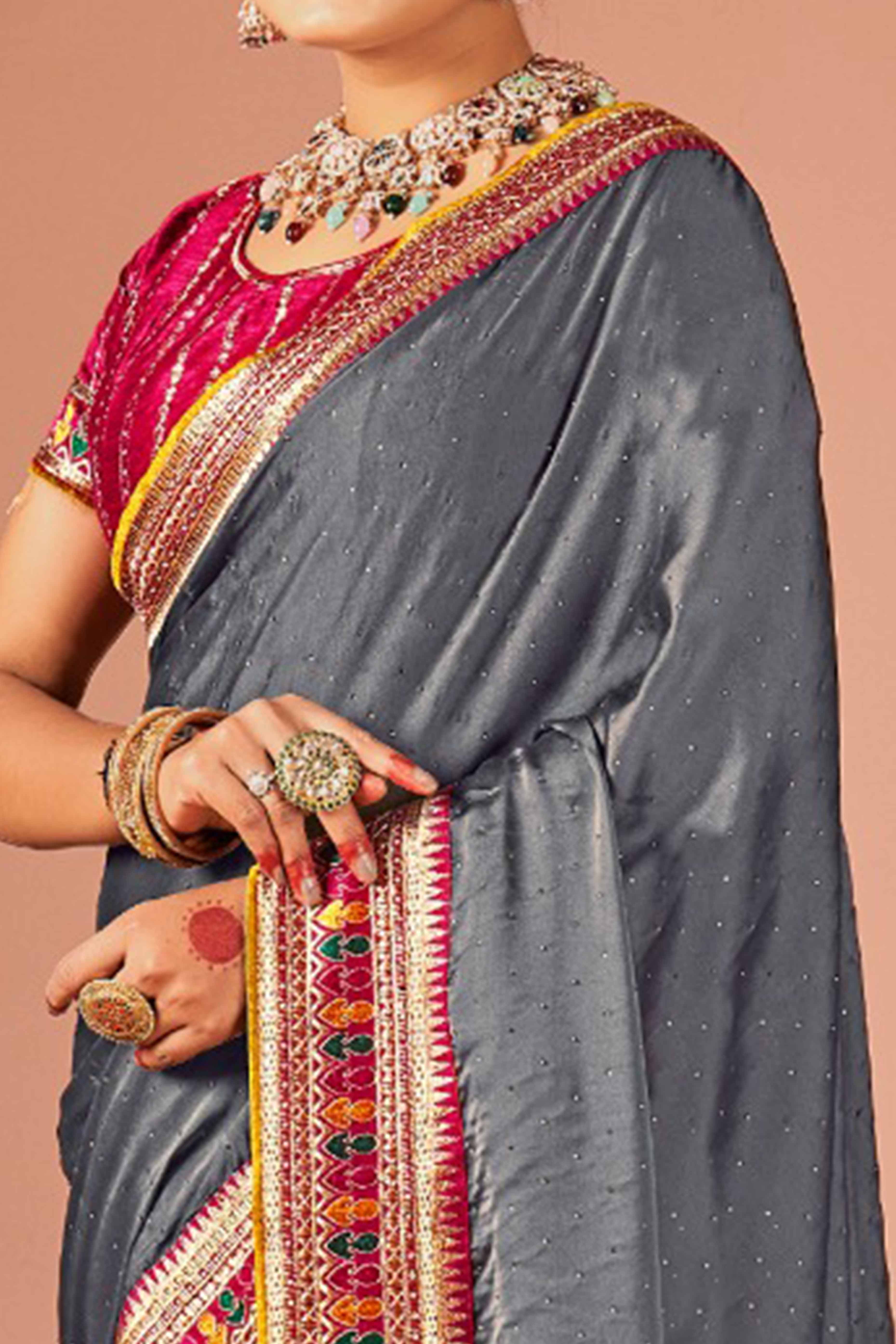 Grey Swarovski Work Satin Rangoli Saree With Embroidered Border