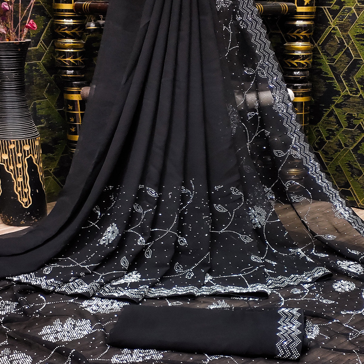 Black Swarovski Work Georgette Saree