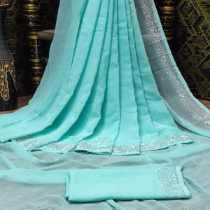Turquoise Swarovski Work Georgette Saree With Tassels