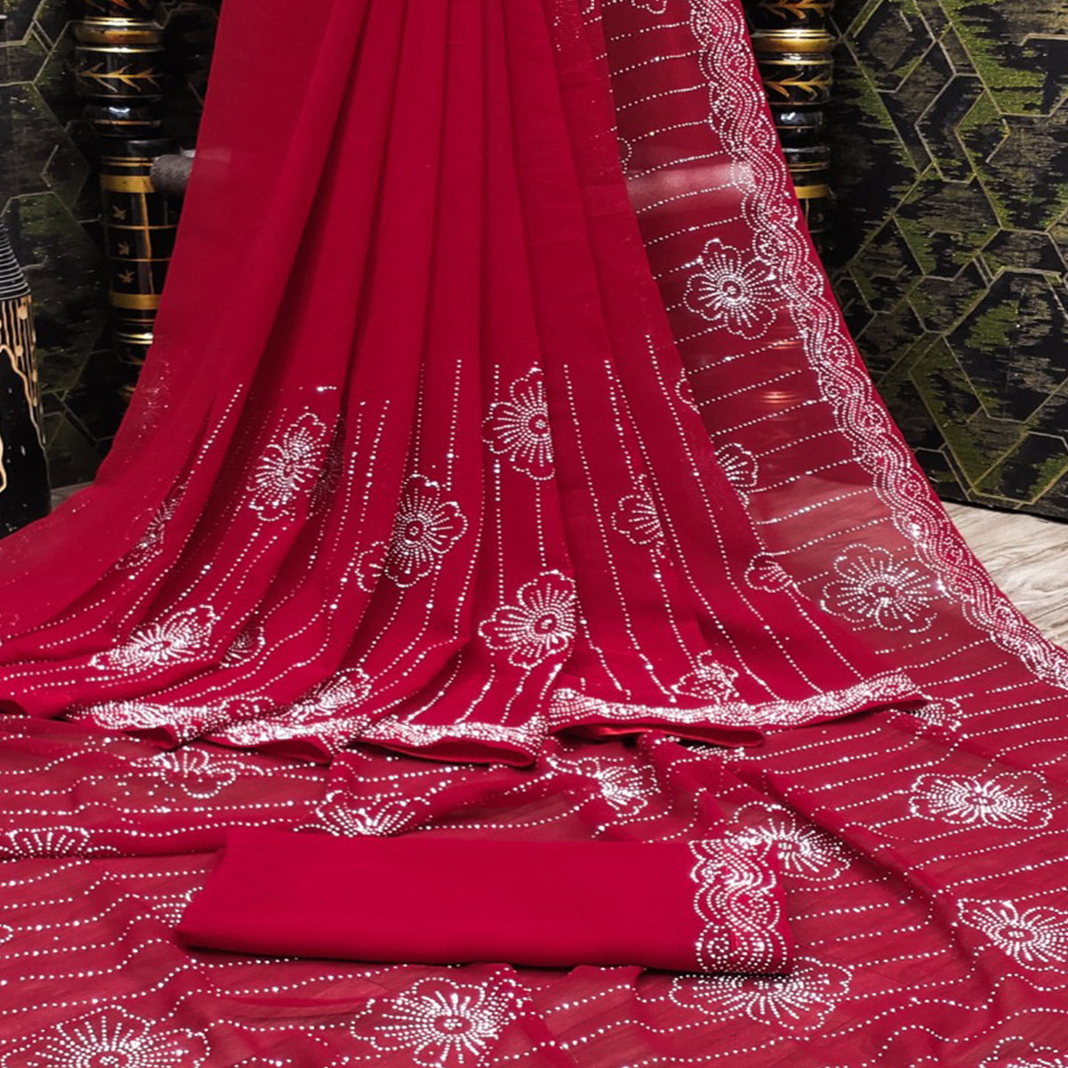 Cherry Red Floral Swarovski Work Georgette Saree