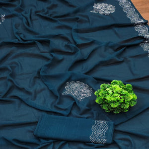 Teal Swarovski Work Georgette Saree With Tassels