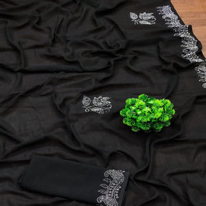 Black Floral Swarovski Work Georgette Saree With Tassels