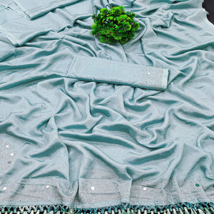 Blue Mirror With Swarovski Work Chinon Saree With Tassels